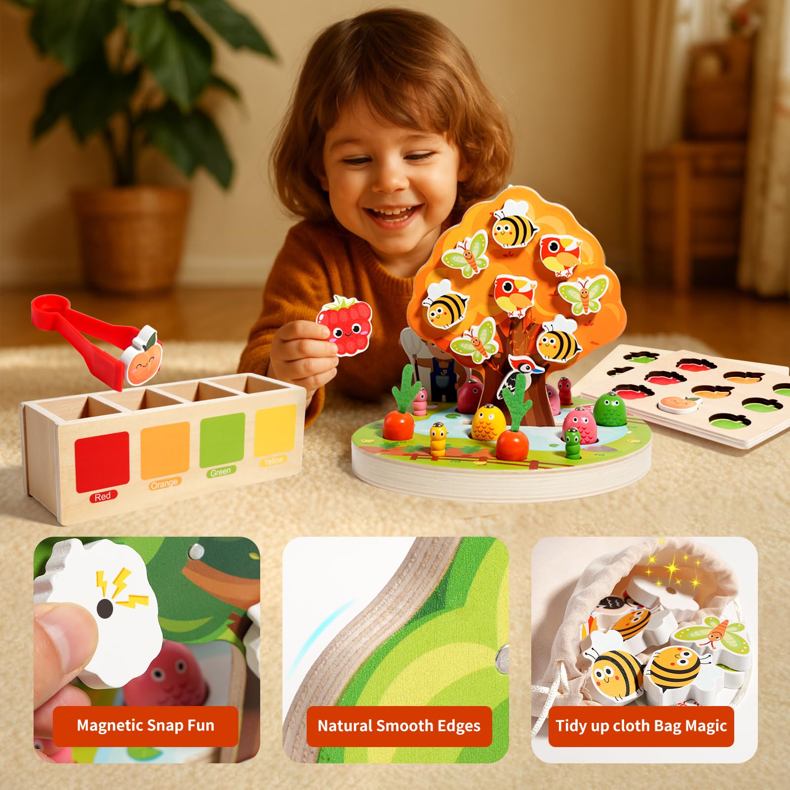 INIFEIDALA - Jouet sensoriel Montessori en bois pour enfants de 3 à 4 à 5 ans, trieur de couleurs, kit de récolte de carottes, pêche magnétique, jouet de motricité fine
