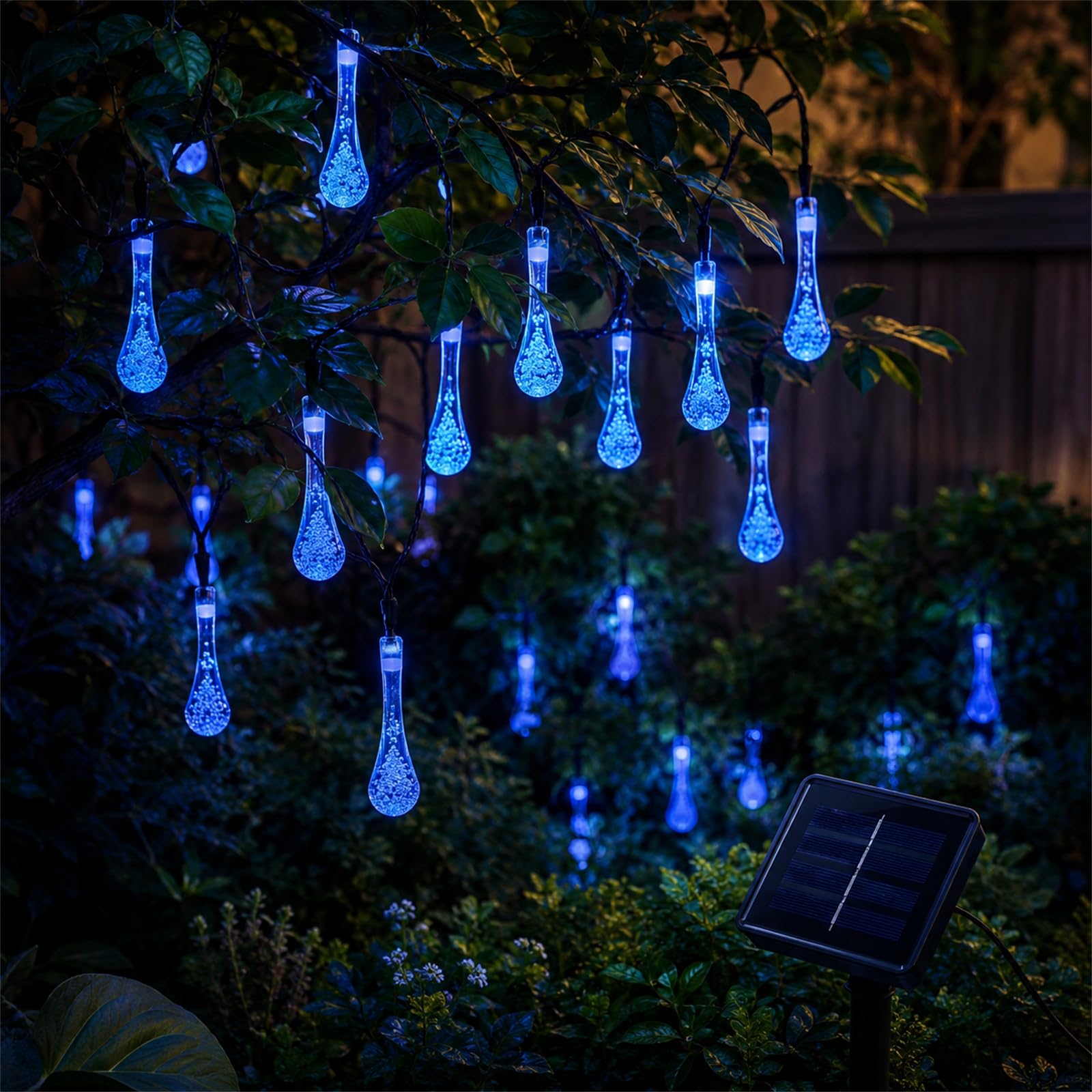 ENEN Water Droplets LED Solar Lights Outdoor Garden, 8 Modes Hanging Indoor/Garden Lights, IP43 Waterproof Garden Ornaments Outdoor, for Gazebo Home Party Wedding Decor (Blue,6.5/30LED)
