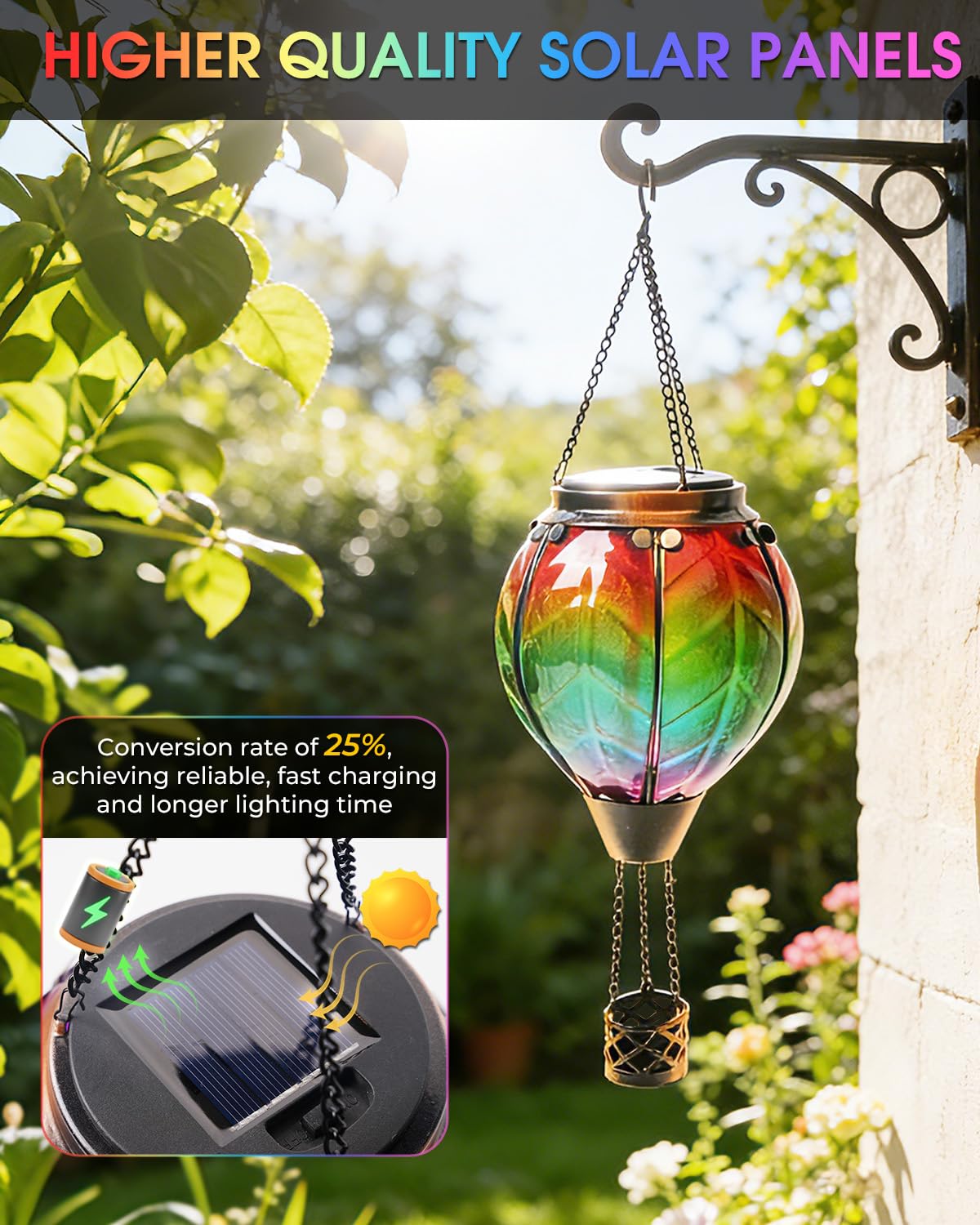 Klarlight Lanterna solare a forma di mongolfiera, 45 cm, da appendere, con effetto vetro arcobaleno, impermeabile, ad energia solare, accensione e spegnimento automatico, per giardino, patio, cortile