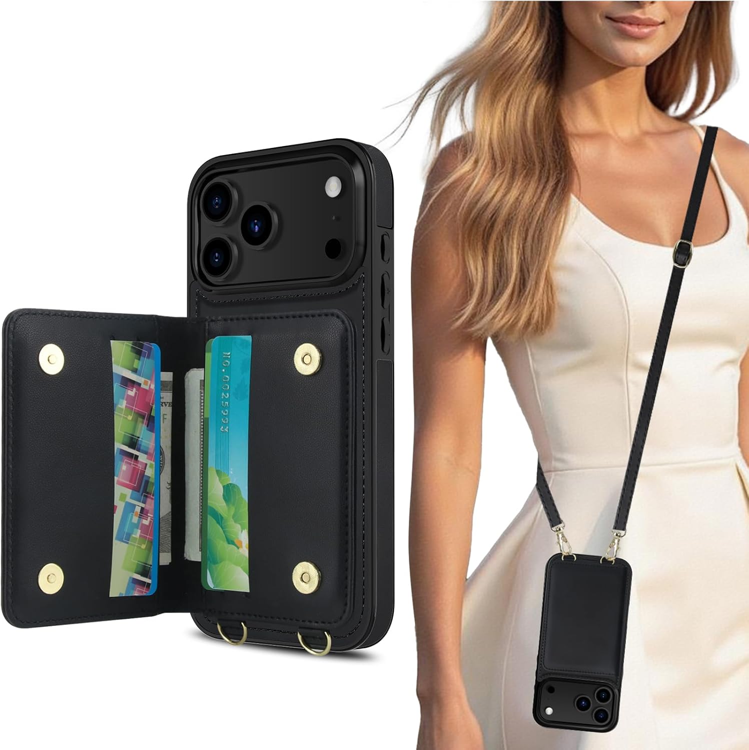 lohasic for iphone 17 pro case wallet with detachable crossbody strap & wrist lanyard, rfid blocking, 4 card slots 2 cash pockets, vegan leather case with card holder for women girls, black black iphone 17 pro