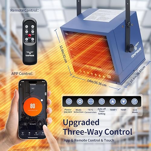 Miniatura 2 de Calentador eléctrico para garaje de 7500 W, 240 V, de techo, con ventilador digital, modo ecológico, cableado, control remoto de función completa,