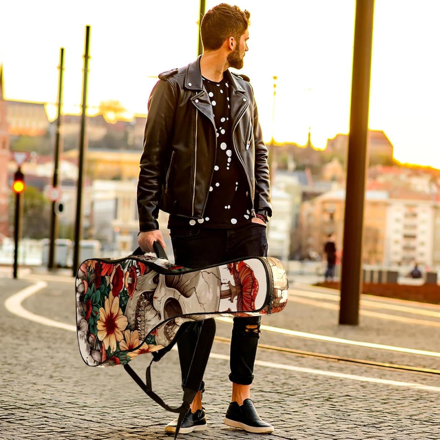 40 41 42 Inch Guitar Bags, Waterproof Padded Acoustic Guitar Case Backpack with Adjustable Shoulder Strap & Pockets, Aesthetic Skull with Cute Floral Mushroom