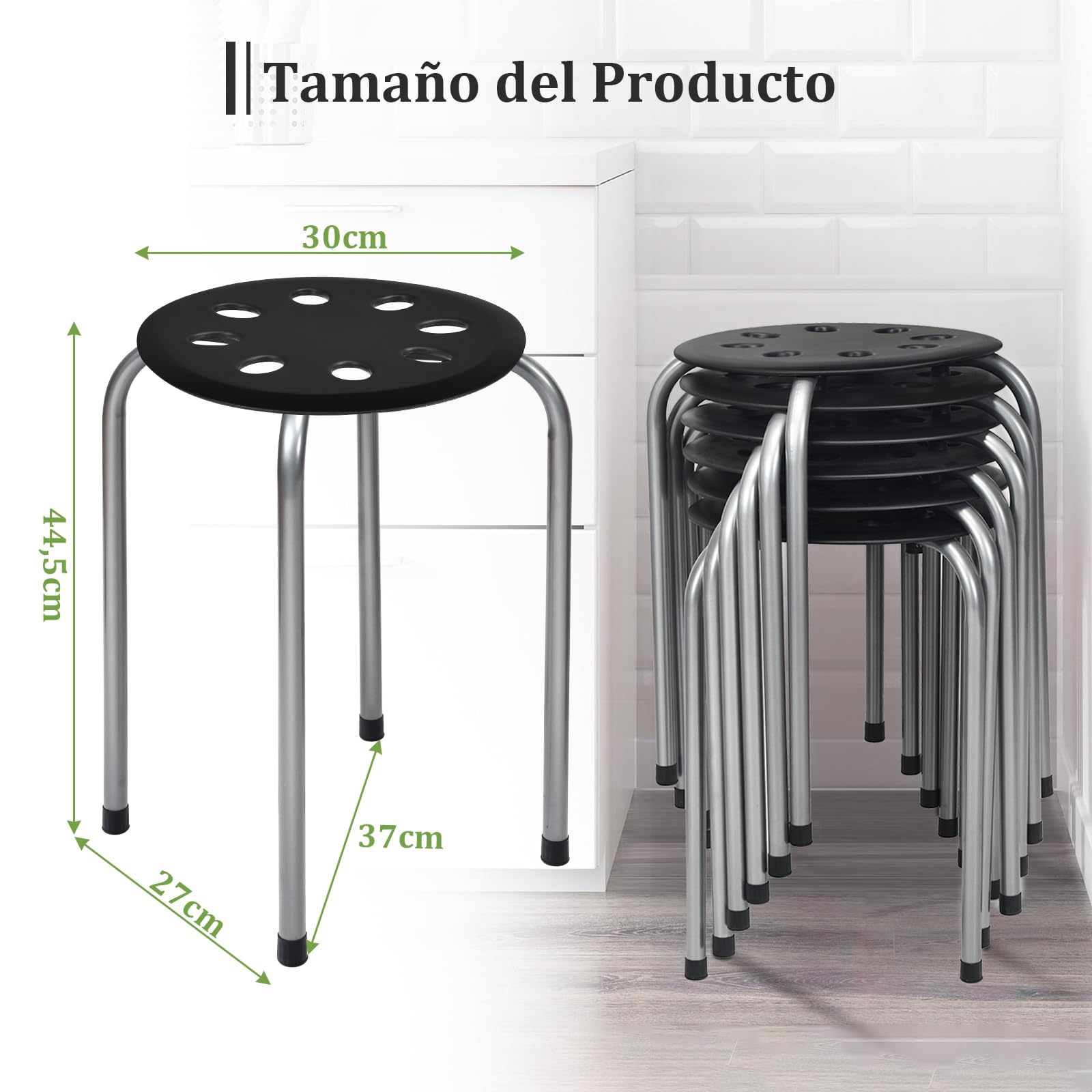 COSTWAY Juego de 6 Taburetes Redondos Apilables de Metal, Asiento Redondo con Marco de Metal en Forma de X, Asiento Perforado, Taburetes Apilables para Niños y Adultos, Hogar, Oficina (Negro)