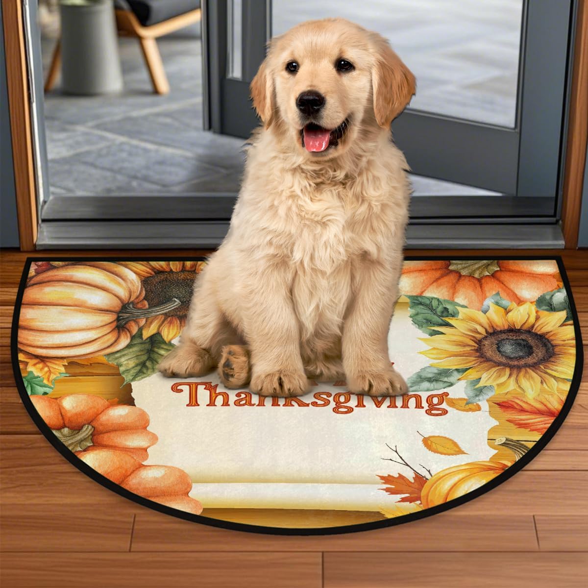 Thanksgiving Pumpkin Fall Sunflowers Half Round Doormat Washable Semi Circle Rug Non Slip Half Moon Rug Floor Mat for Indoor Outdoor Bathroom Kitchen Fireplace Entryway Bath Holiday Decor