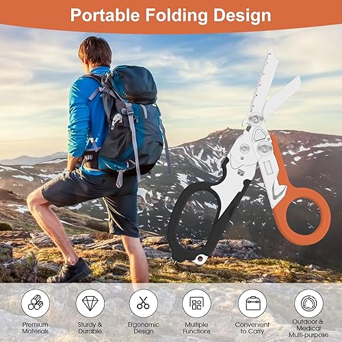 Vista 3 de 6 en 1 Tijeras de trauma plegables retráctiles, Tijeras de emergencia para camping al aire libre, Cortador de cinturón de seguridad, Llave