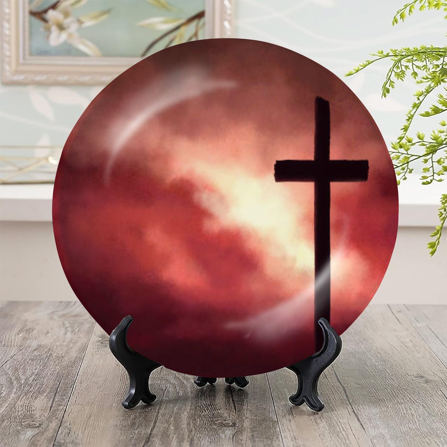 LKODZFABU Ceramic Plate Wall Hanging Decor Red Yellow Sunrise Cross Painting Decorative Plate Porcelain Plate for Living Room Household Party Dinner Table 10 Inch