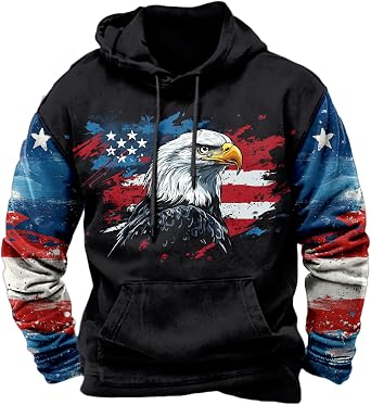 domirica American Flag Hoodie for Men Patriotic Graphic Pullover Drawstring Big And Tall Lightweight Hooded Sweatshirt