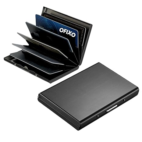 OFIXO Credit Card Holder Protector Stainless Steel Credit Card Wallet Slim Metal Credit Card Case for Women or Men (Black)
