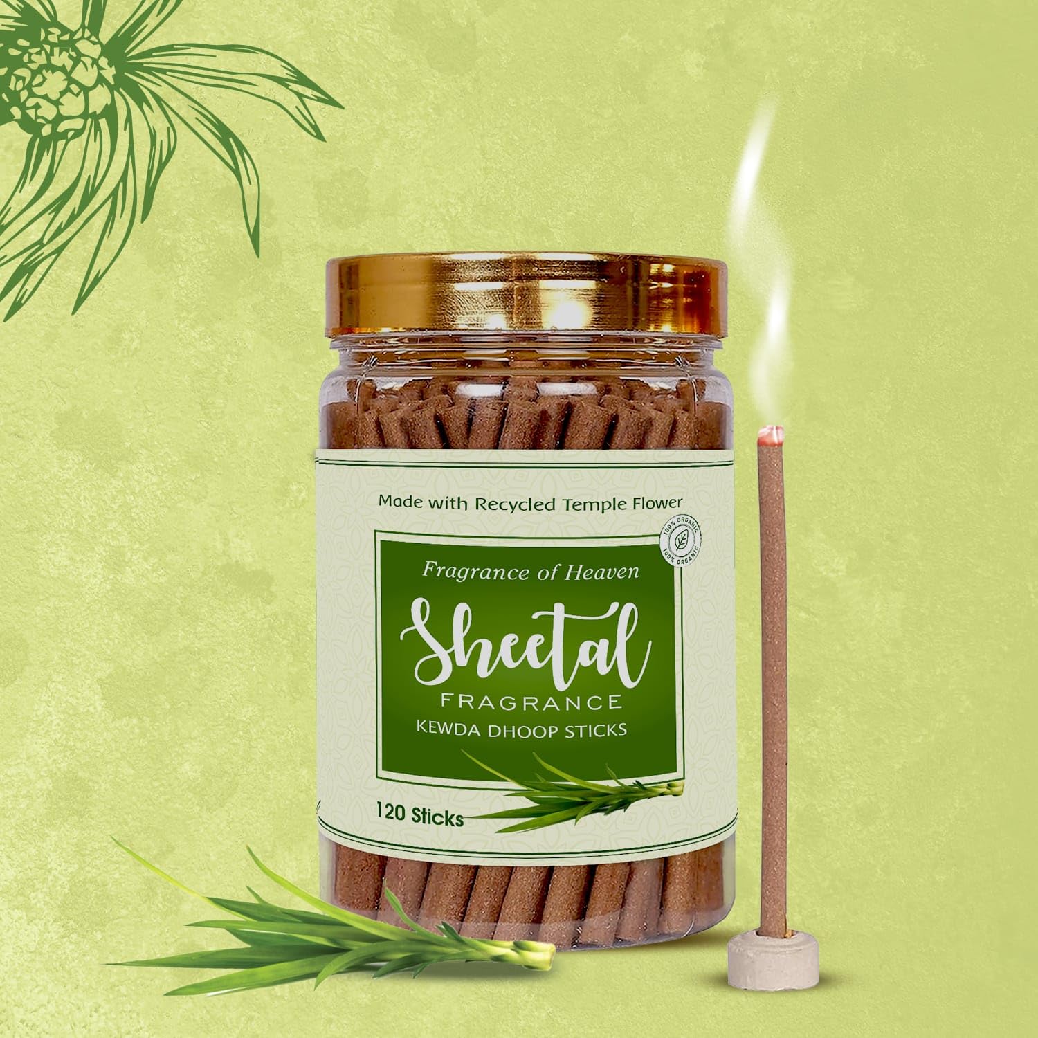 Kewda Dhoop Sticks Made with Organic Recycled Flowers from Temples 4 Inch Sticks for Pooja 120 Count in Jar Box