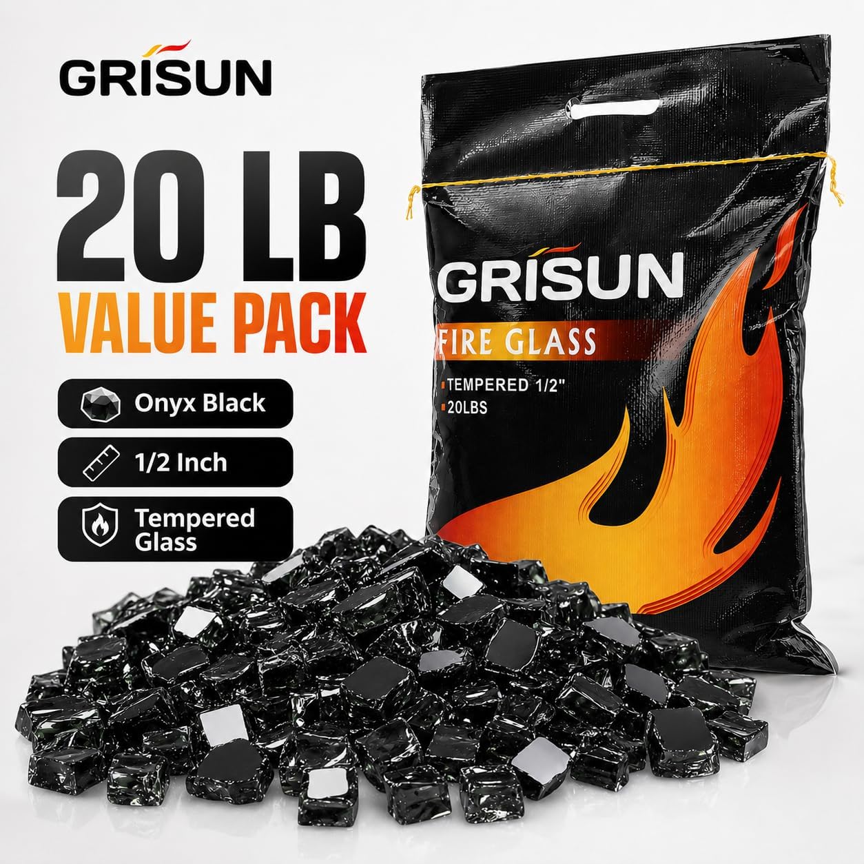 GRISUN Onyx Black Fire Glass for Fire Pit, 20 Pounds 1/2 Inch High Luster Reflective Tempered Glass Rocks for Natural or Propane Fireplace, Safe for Outdoors and Indoors Firepit Glass