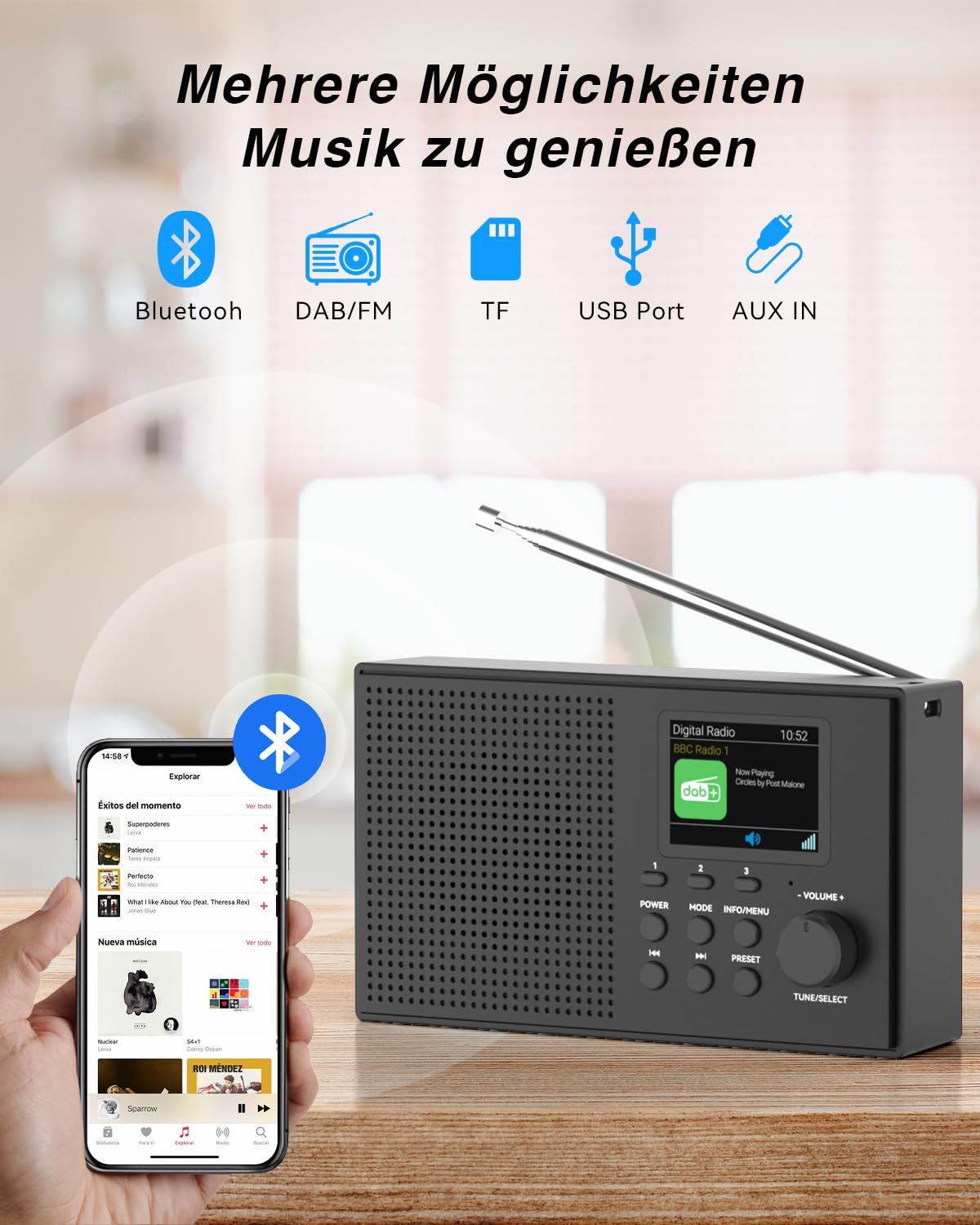 Tragbarer DAB DAB+ Radio mit Bluetooth FM USB/TF Player 2,4" Farbdisplay | 80 Voreinstellungen, 2000mAh Akkubetrieb für 12 Stunden Spielzeit, Unterstützung MicroSD/TF/AUX Anschluss, Alarmfunktionen