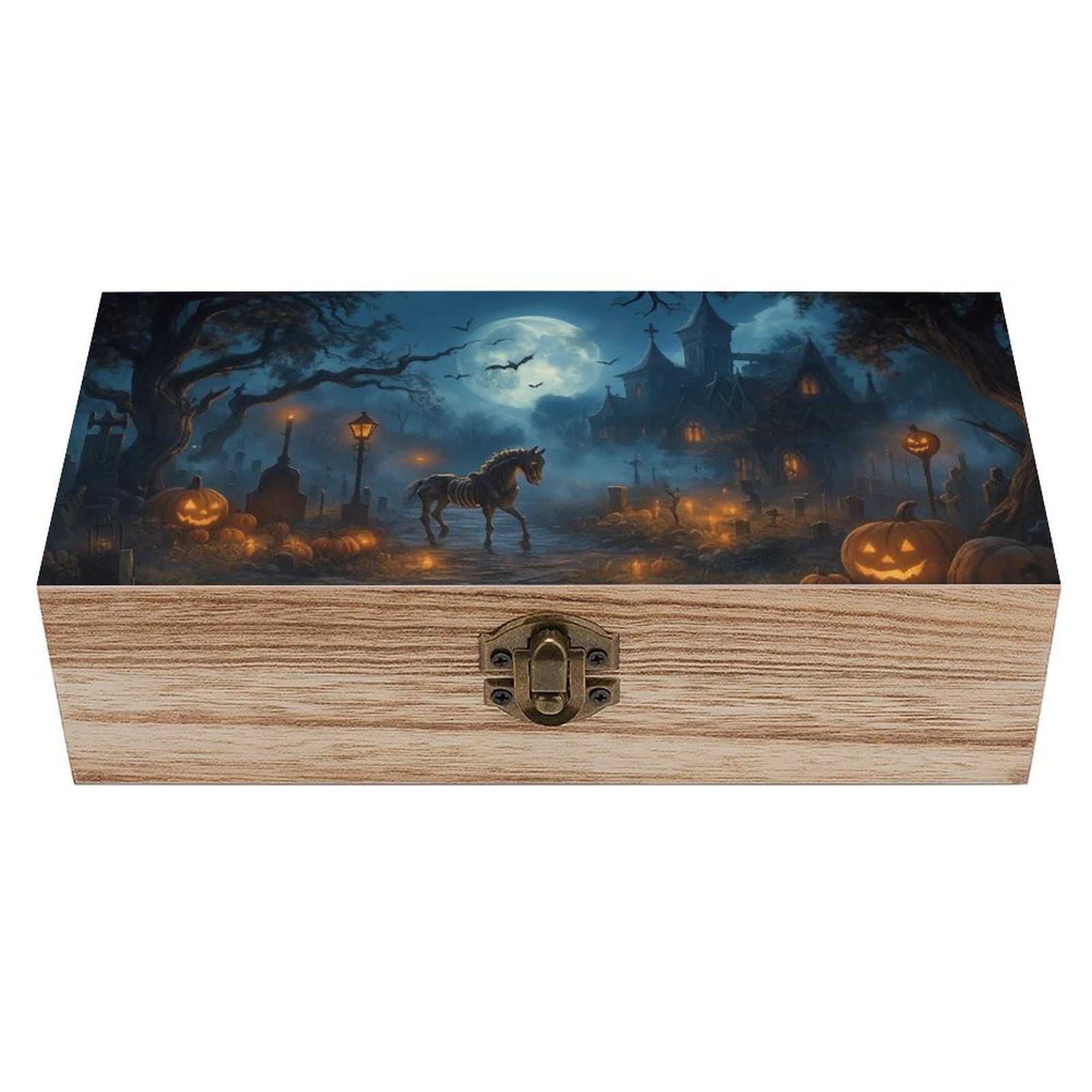 SMAZDFXX Halloween Moonlit Skeleton Horse Pumpkin Castle Wooden Storage Box Multipurpose Decorative Box for Jewelry Photo Home Decor