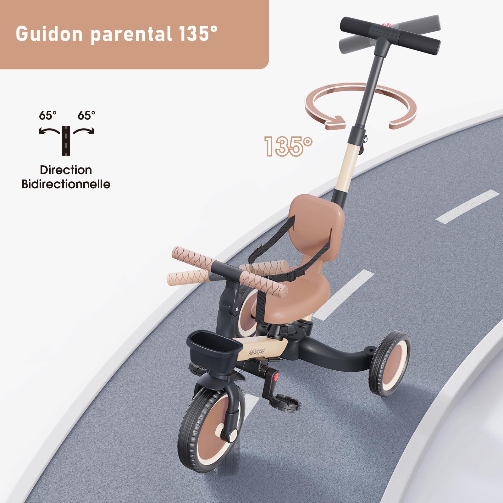 newyoo Tricycle draisienne 5 en 1, Tricycle de 1 à 3 Ans, Tricycle pour Enfants avec Barre de poussée, vélo pour Enfants, draisiennes, Guidon, Barres de sécurité, TR007, Kaki