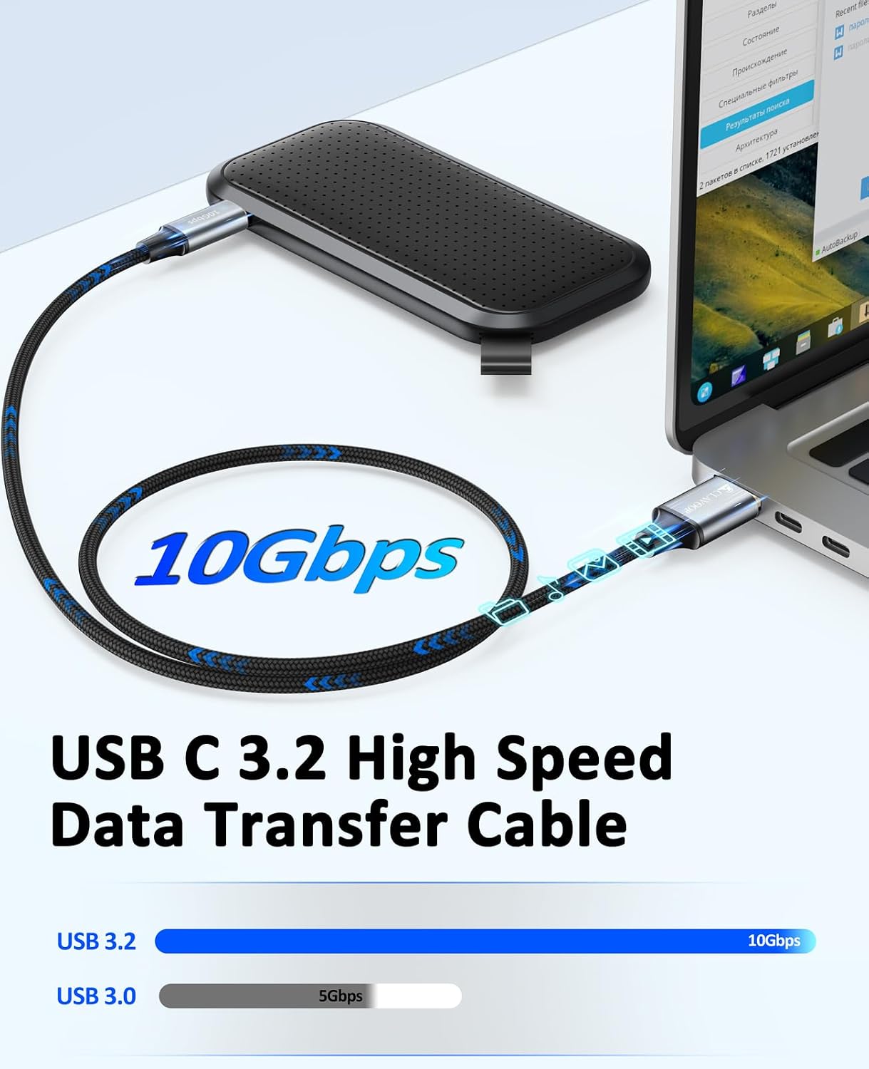 USB A to USB C Data Cable 6ft 2Pack, 10Gbps USB 3.2 Gen 2 Data Transfer 100W Fast Charging Type C CarPlay & Android Auto Cord for iPhone 17/16/15, Smartphone, External SSD, PS5, Laptop, Tablet