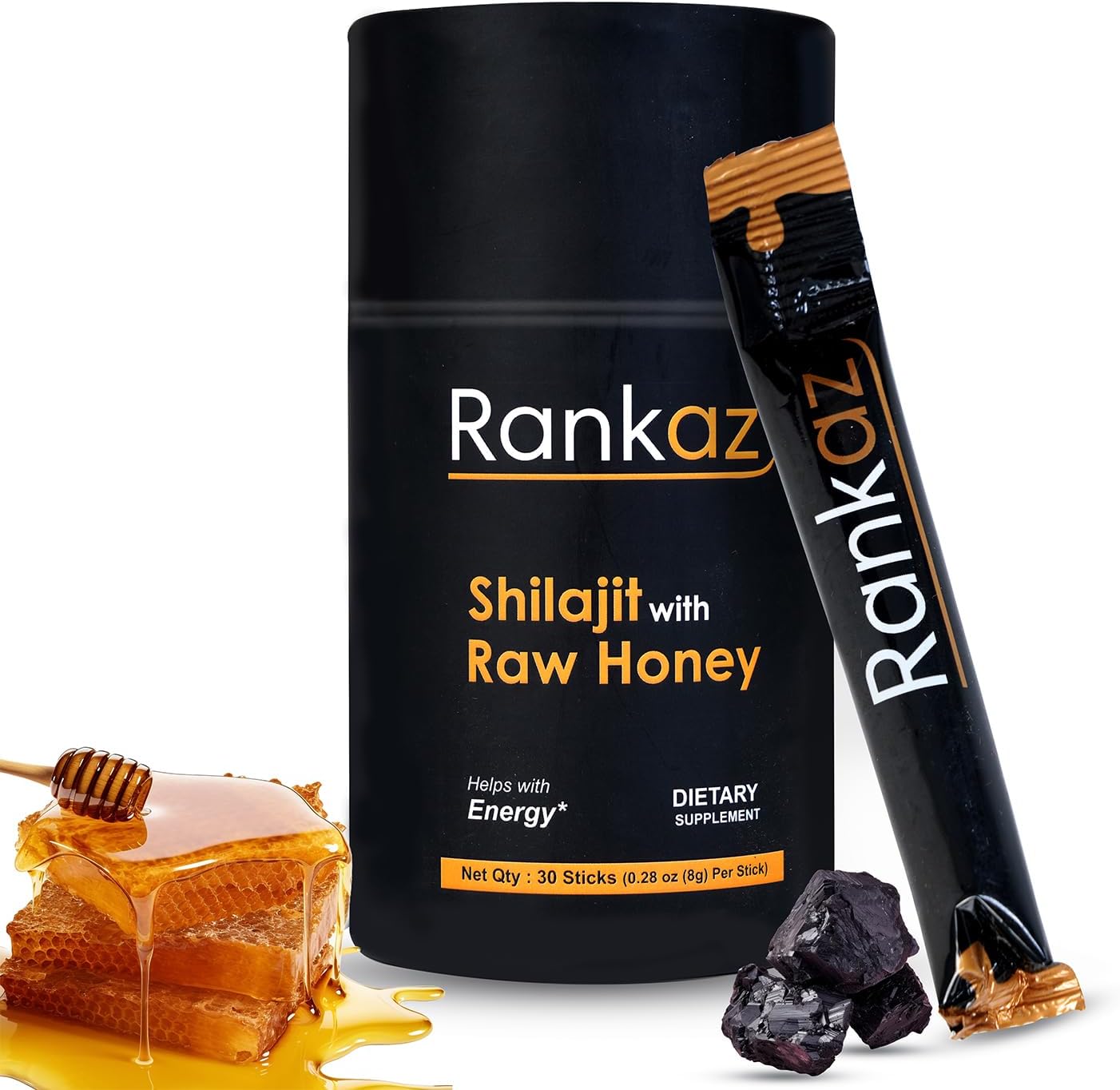 Rankaz Natural Shilajit Honey Sticks Organic - 30 Sticks, Shilajit Honey Fulvic Acid and Trace Minerals