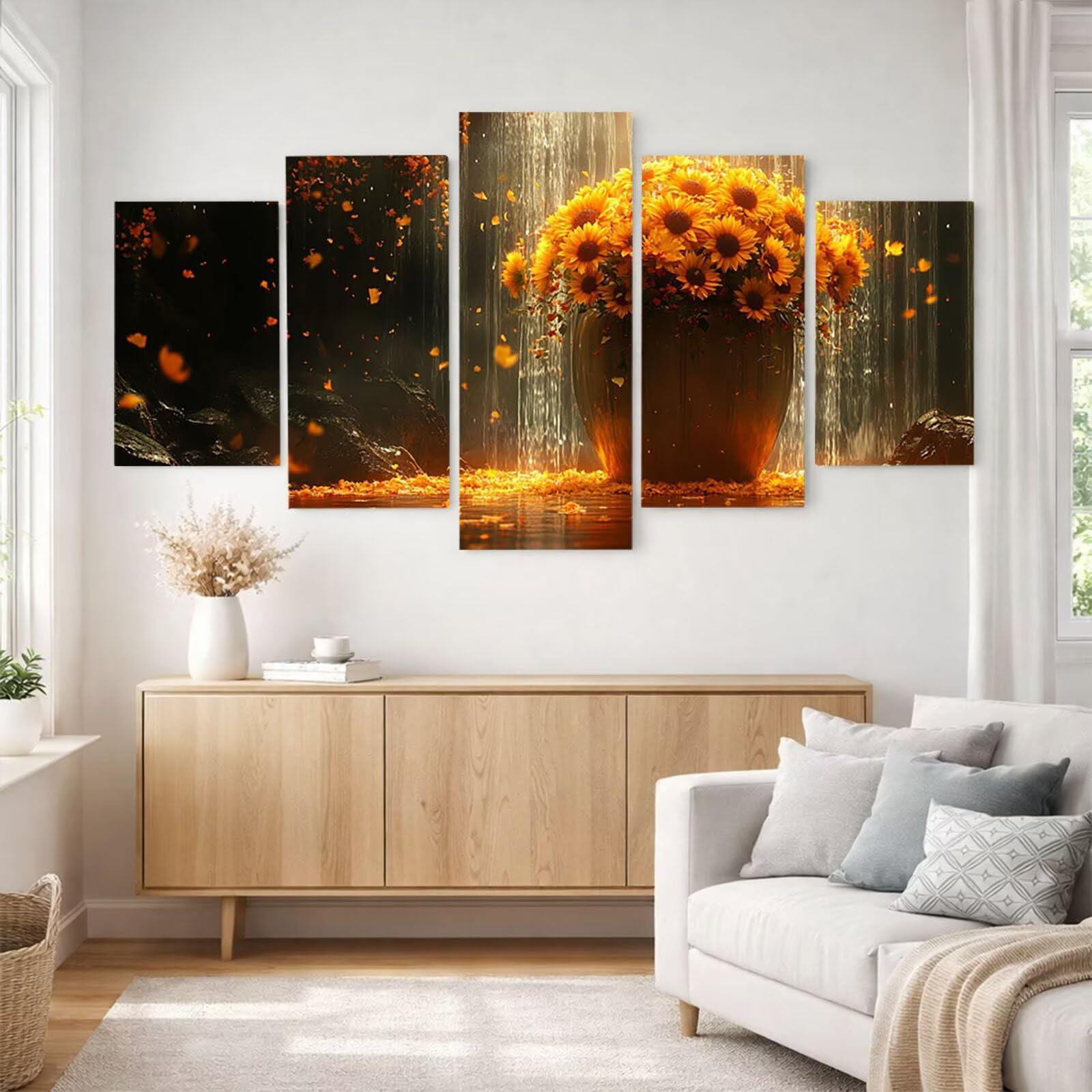 5 Pack Leuchtend Malen Nach Zahlen Erwachsene Sonnenblume YCBZ-3516 | DIY Set Erwachsene mit Pinselset Acrylfarben Set Fünf Leinwand zum Bemalen Wasserfall Deko Wohnzimmer Geschenke für Frauen