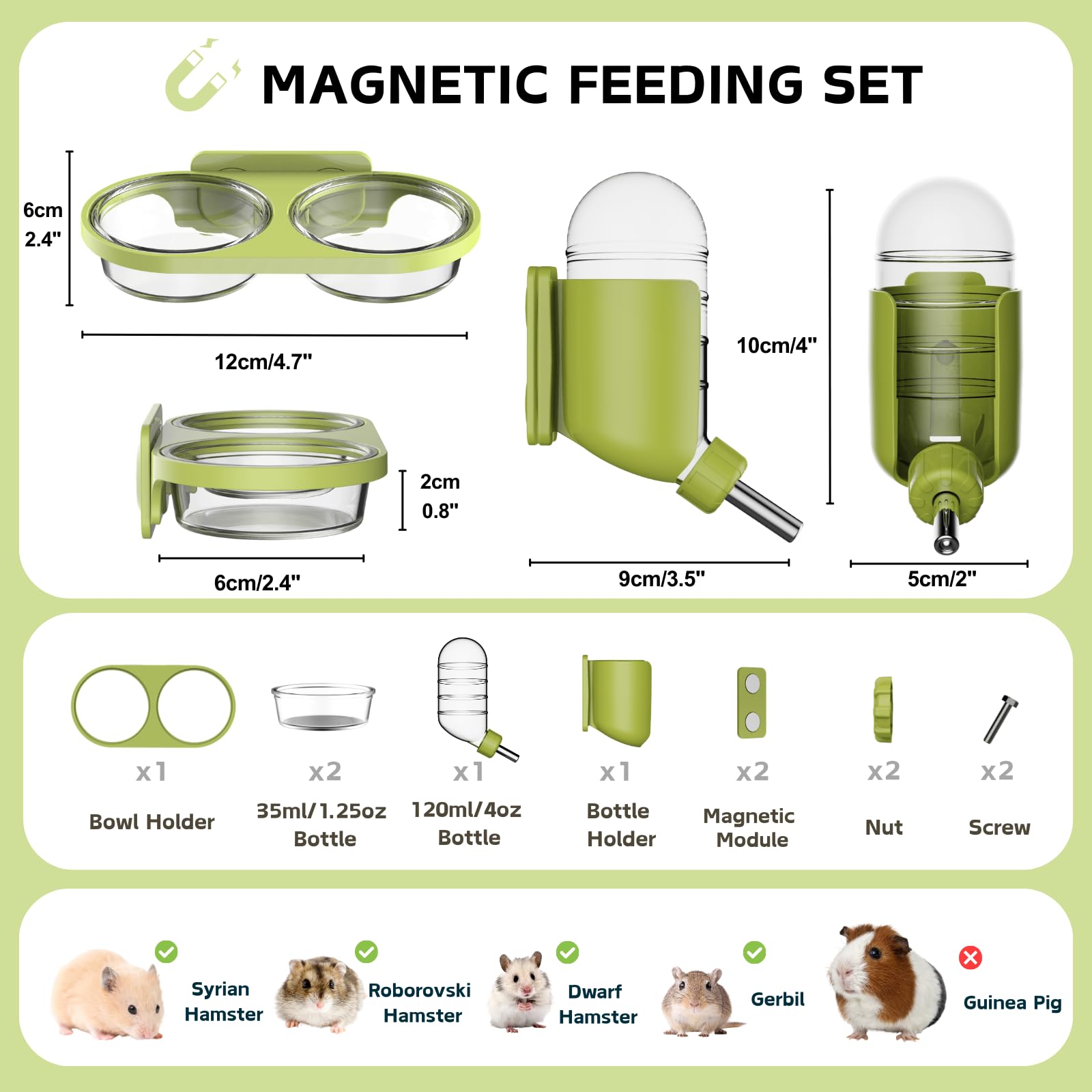 Set d'alimentation Magnétique pour Rongeurs avec Bouteille d'eau & Bol pour Terrariums en Verre Hamster Doré Octodon (Vert, Fixation magnétique)