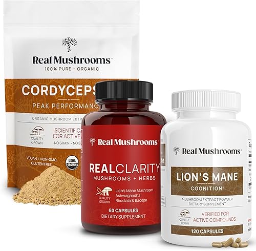 Real Mushrooms RealClarity (60 unidades) y melena de león (120 unidades) cápsulas con Cordyceps en polvo, suplemento de hongos para claridad mental,