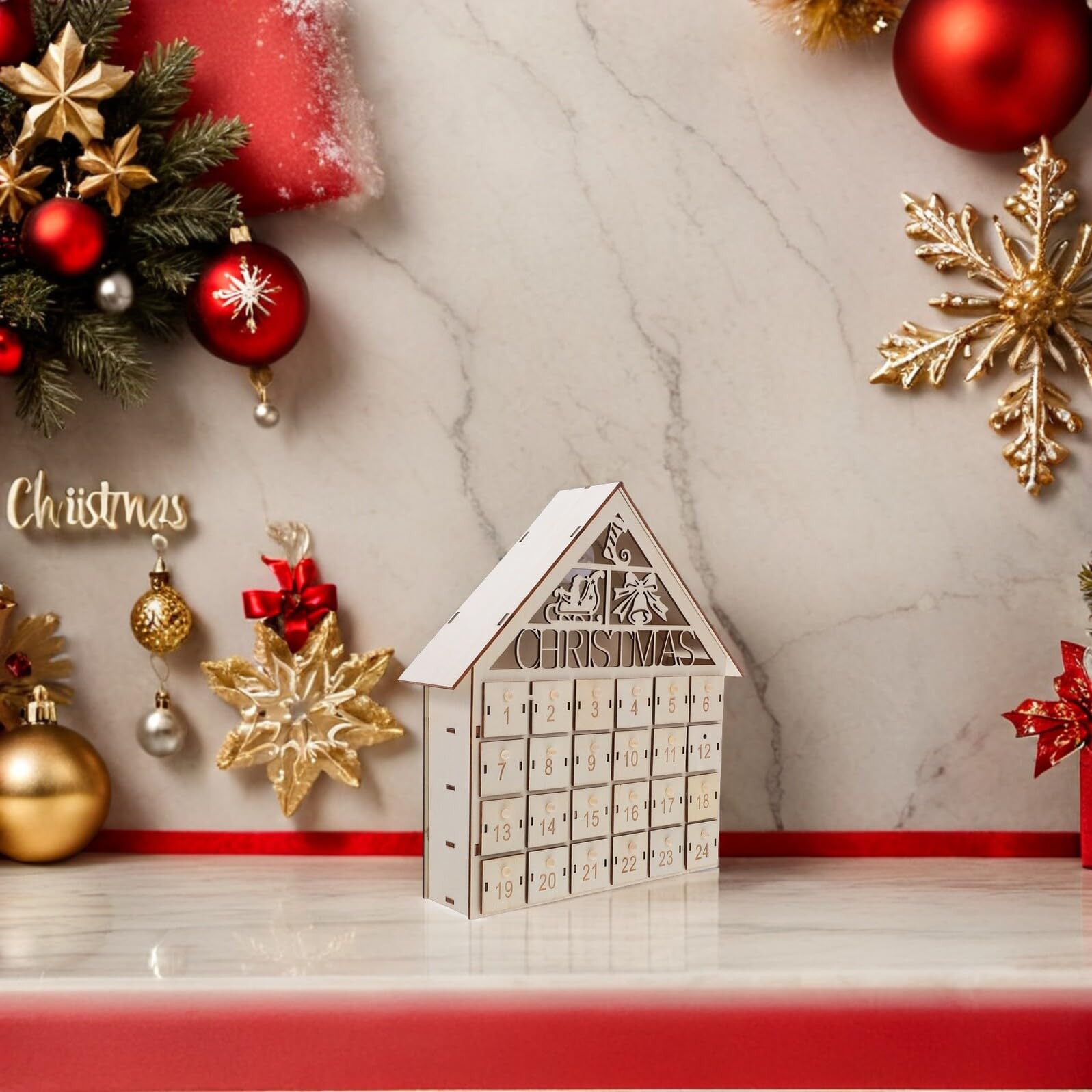 Gatuida Calendario de Adviento de Navidad de Madera con 24 Cajones Reutilizable y LED Iluminado Casita Navideña para Mesa con Cuenta Atrás para Navidad 2026 Decoración Festiva para