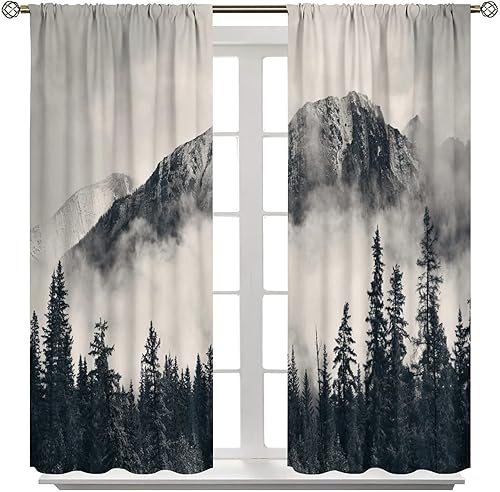 Miniatura 4 de Cortinas opacas de montañas con bosque gris brumoso, cortina para ventana de dormitorio, árbol negro natural, bosque, decoración escénica de madera