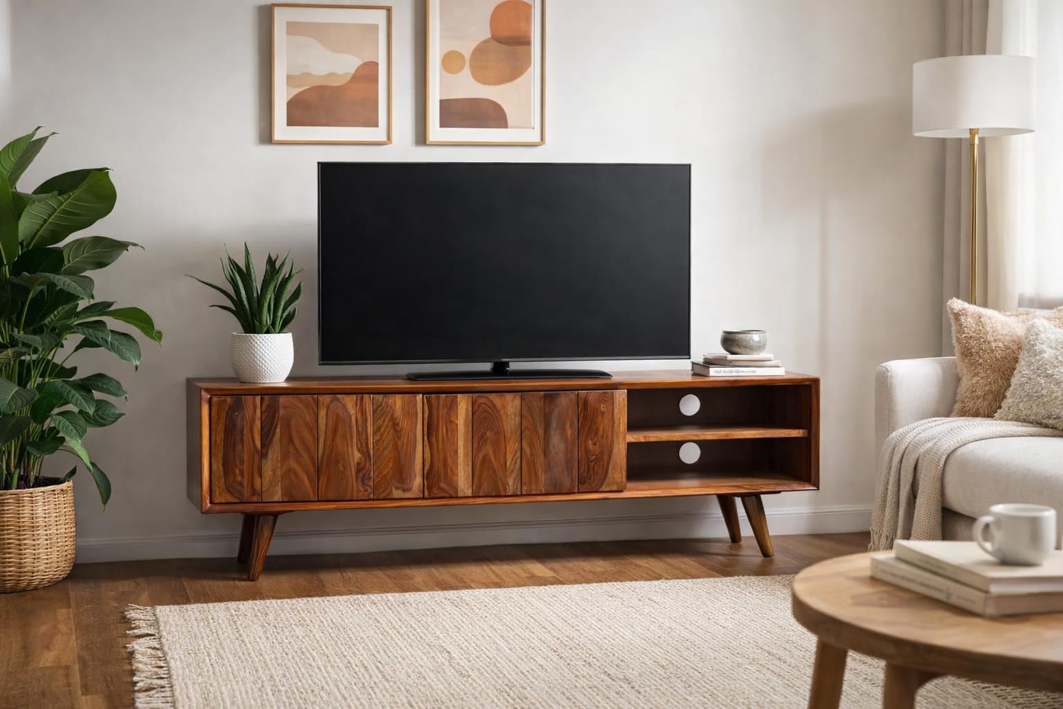 Solid Sheesham Wood TV Unit with 2 Doors & 2 Open Shelves | Mid-Century Modern Entertainment Center | TV Cabinet for Living Room (Natural)-image-41