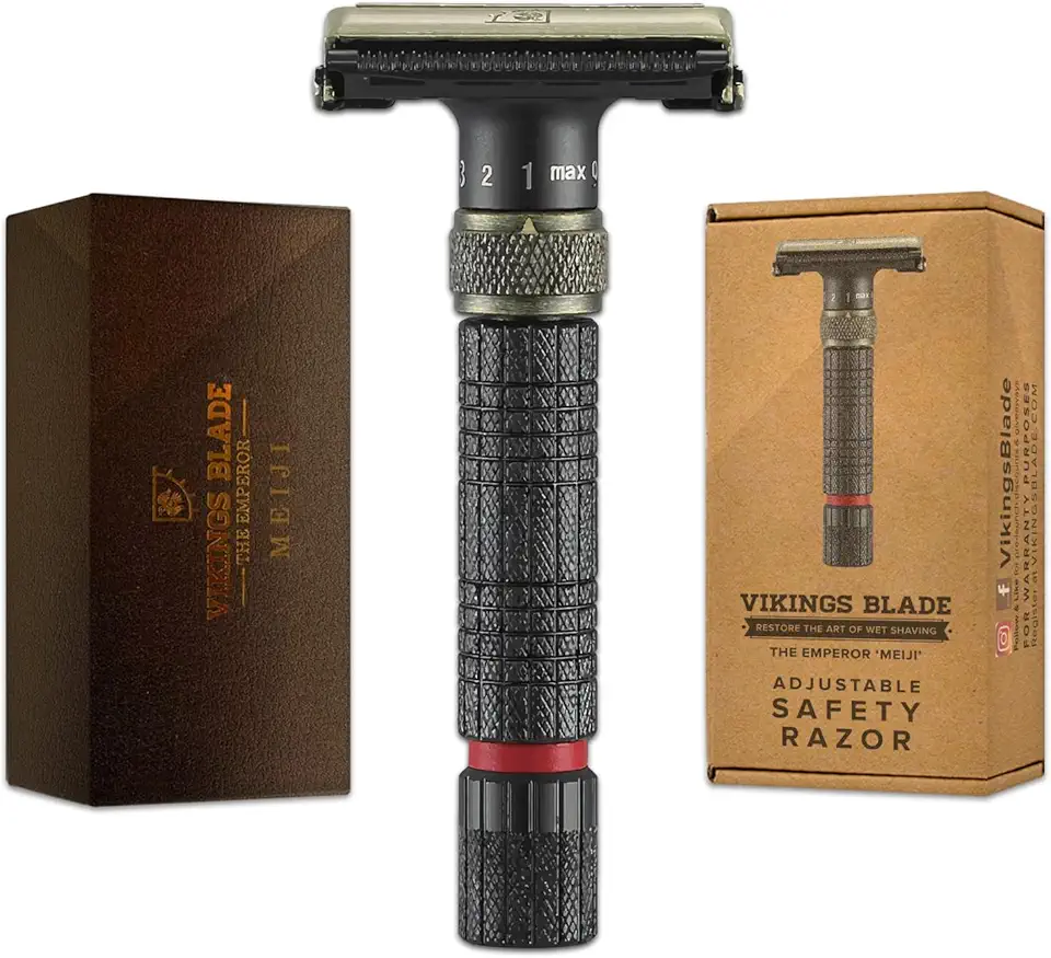 VIKINGS BLADE Adjustable Double Edge Safety Razor + Luxury Case. Smooth, Reusable, Eco-Friendly (The Emperor “Meiji”)