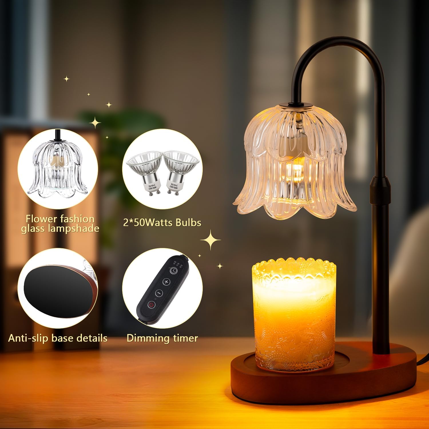 CRMILL Candle Warmer Lamp Electric Timer - Candles Height Adjustable Dimmable Warmers Scented Flower Lamps No Flame Heat Warm Melt Wax Jar Modern Home Decor Table Lights for Home Living Bedroom