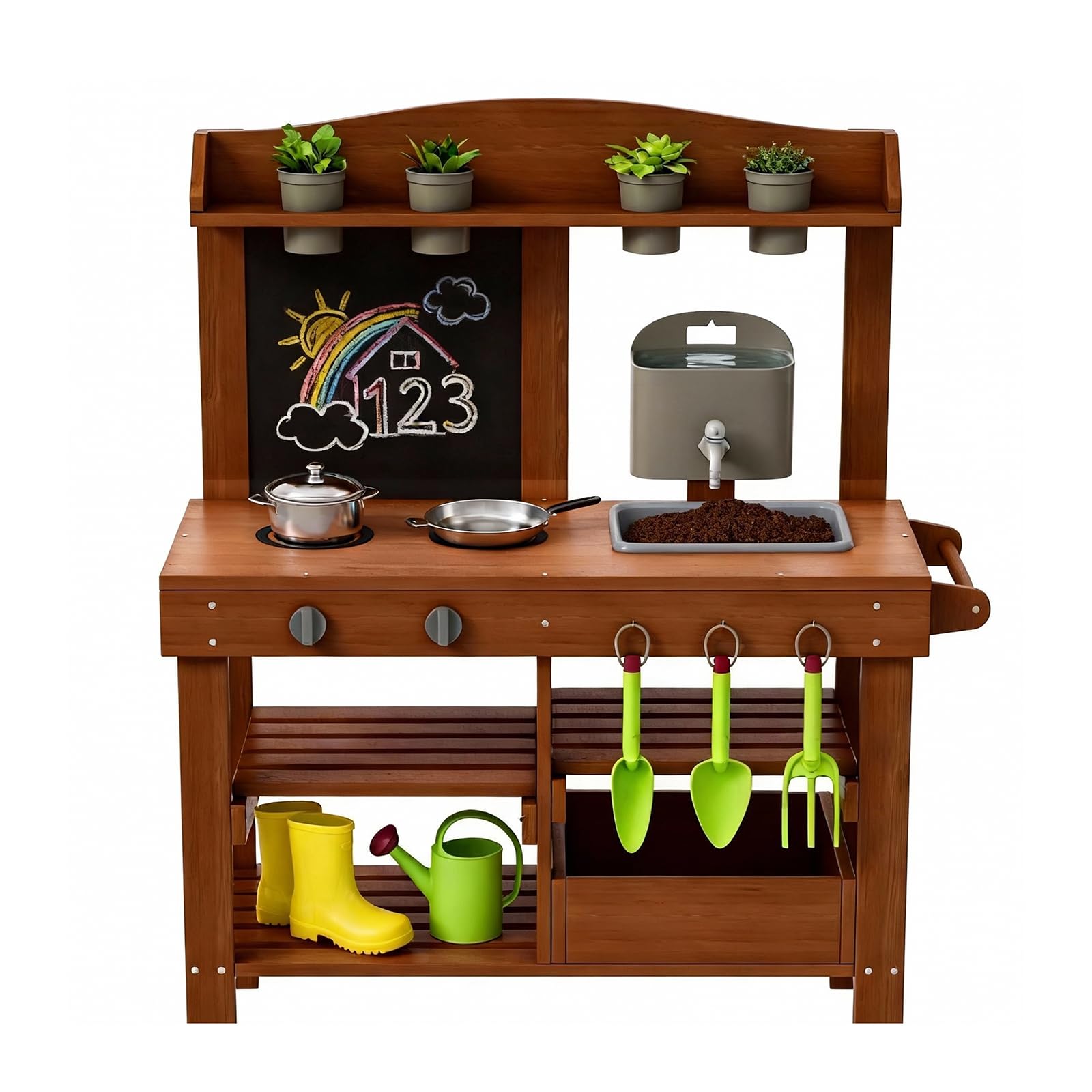 Mud Kitchen for Outdoor, Wooden Outdoor Pretend Kitchen with Sink, Water Slide, Faucet, Stove, Chalkboard and Storage Shelves M3 — view 9