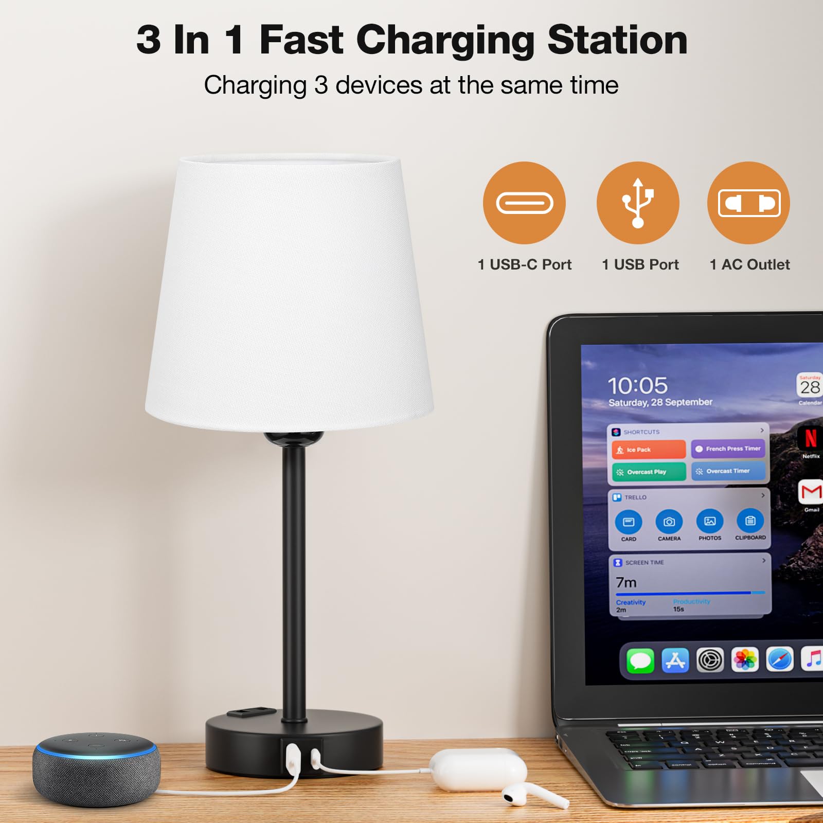 Kakanuo Nachtlampje set van 2 met USB A type C-aansluitingen, 2 stopcontacten, traploos dimbaar, 2 led-lampen, tafellamp met draaischakelaar voor slaapkamer, woonkamer, koffietafel, babykamer, hotel Kakanuo Nachtlampje set van 2 met USB A type C-aansluitingen, 2 stopcontacten, traploos dimbaar, 2 led-lampen, tafellamp met draaischakelaar voor slaapkamer, woonkamer, koffietafel, babykamer, hotel