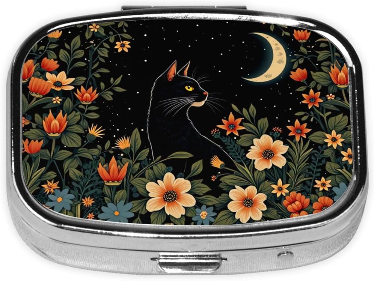 ABLESKY Pill Box, 2 Compartment Pill Organizer Case for Pocket or Purse, Small Portable Metal Travel Medicine Box with Mirror, Daily Vitamins Fish Oil Container-Cat and Moon Forest Floral