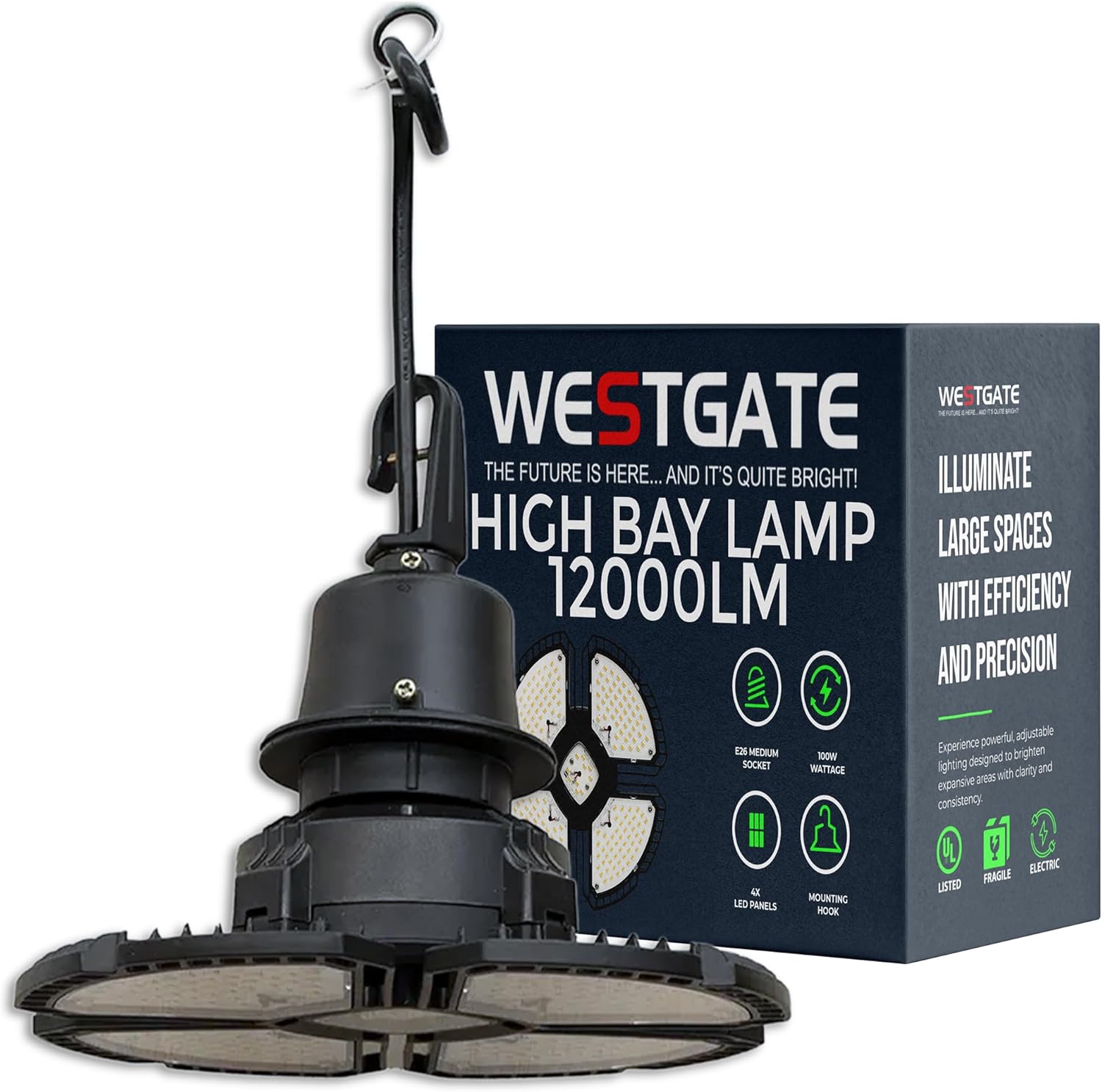 High Bay Lamp 12000LM - Indoor LED High Bay Lighting Fixture with E26 Socket and Adjustable Angles - 5000K Color Temperature Ideal for Shops, Warehouses and other Large Areas Lighting (100 Watts)