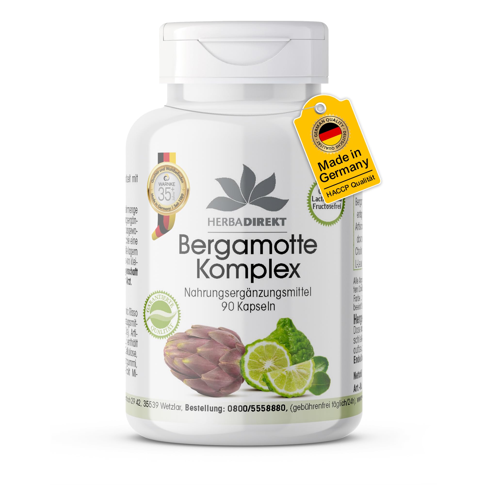 Complexe de Bergamote - 90 gélules avec artichaut et choline - fortement dosé - végan | Herba Direkt - Qualité des pharmacies allemandes