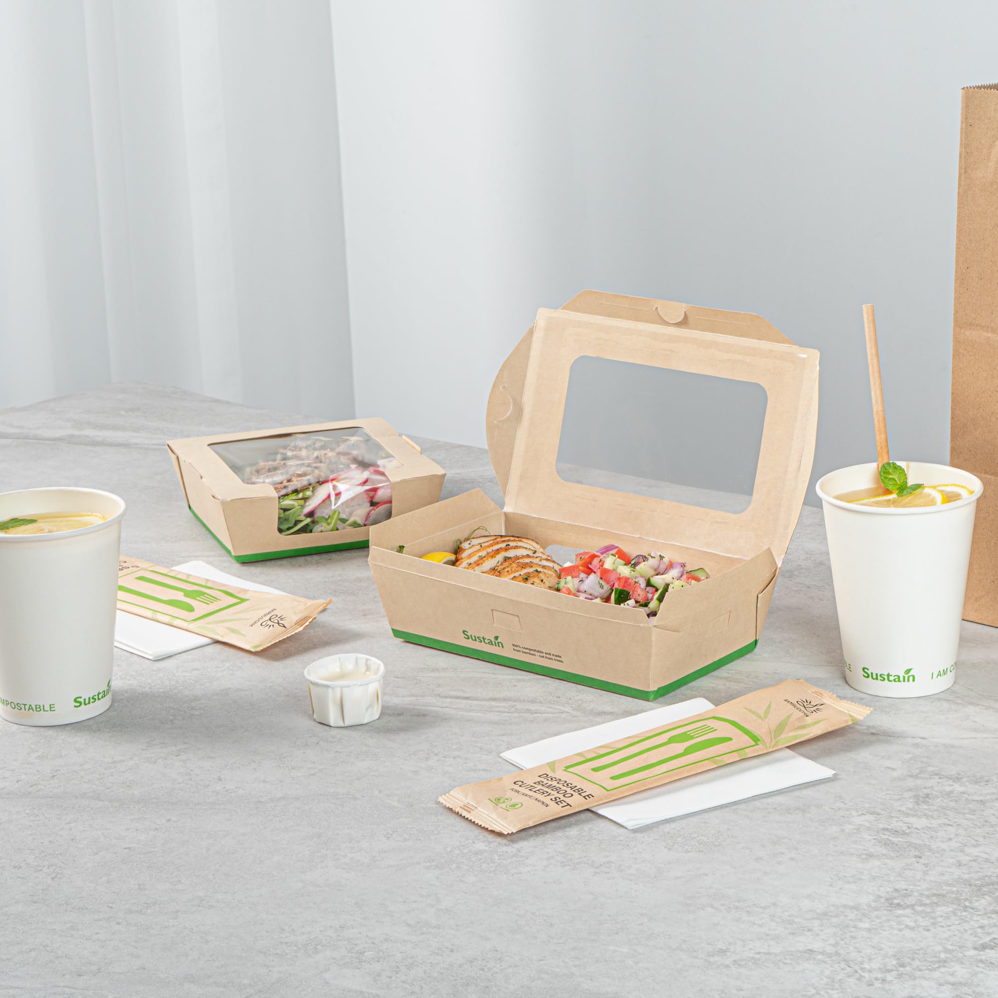 Restaurantware - Stabile Papierboxen zum Herausnehmen von 100 ml, 200 Einwegbehälter zum Herausnehmen – mit PLA-Futter, zwei transparenten Fenstern, Bambus-Papierbehältern, kompostierbar,