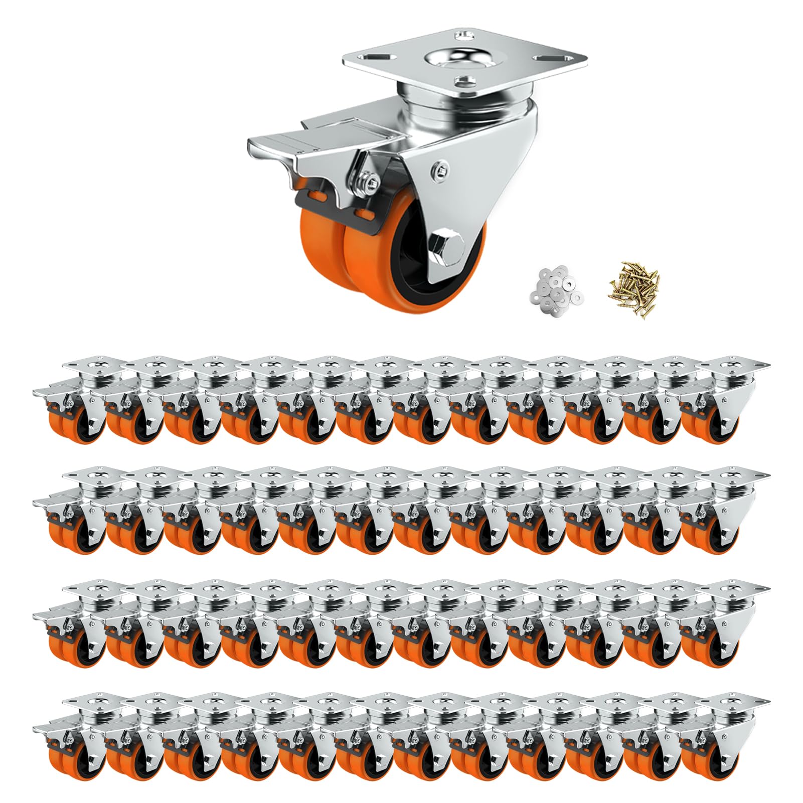 Set di 48 ruote piroettanti da 5,1 cm, resistenti, in TPE arancione a due ruote, con freno, piastra girevole a doppia ruota, ampiamente utilizzate in tutti i tipi di mobili, confezione da 48