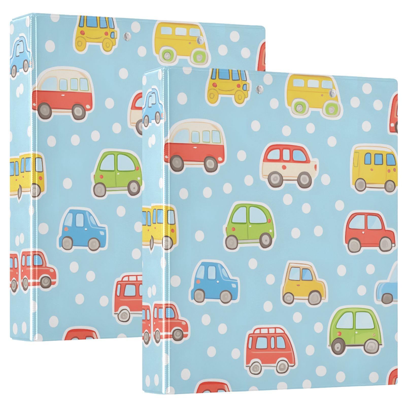 Confezione da 2 raccoglitori a 3 anelli, con motivo auto in stile cartone animato, 3,8 cm, con 3 tasche trasparenti, portablocco e contiene 200 fogli, per ufficio, scuola, organizzazione
