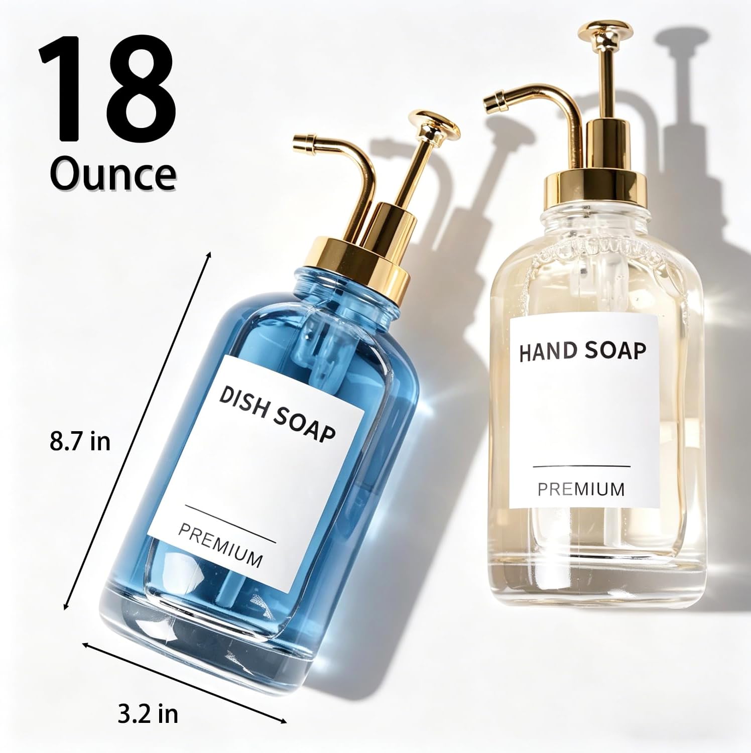 Dish Soap Dispenser for Kitchen, Hand Glass Soap Dispenser Set with Pump, Tray, Funnel for Bathroom, Shower, Laundry, Liquid, Lotion (Gold 2 Pack 18 Oz Clear Bottles with 12 Stickers)