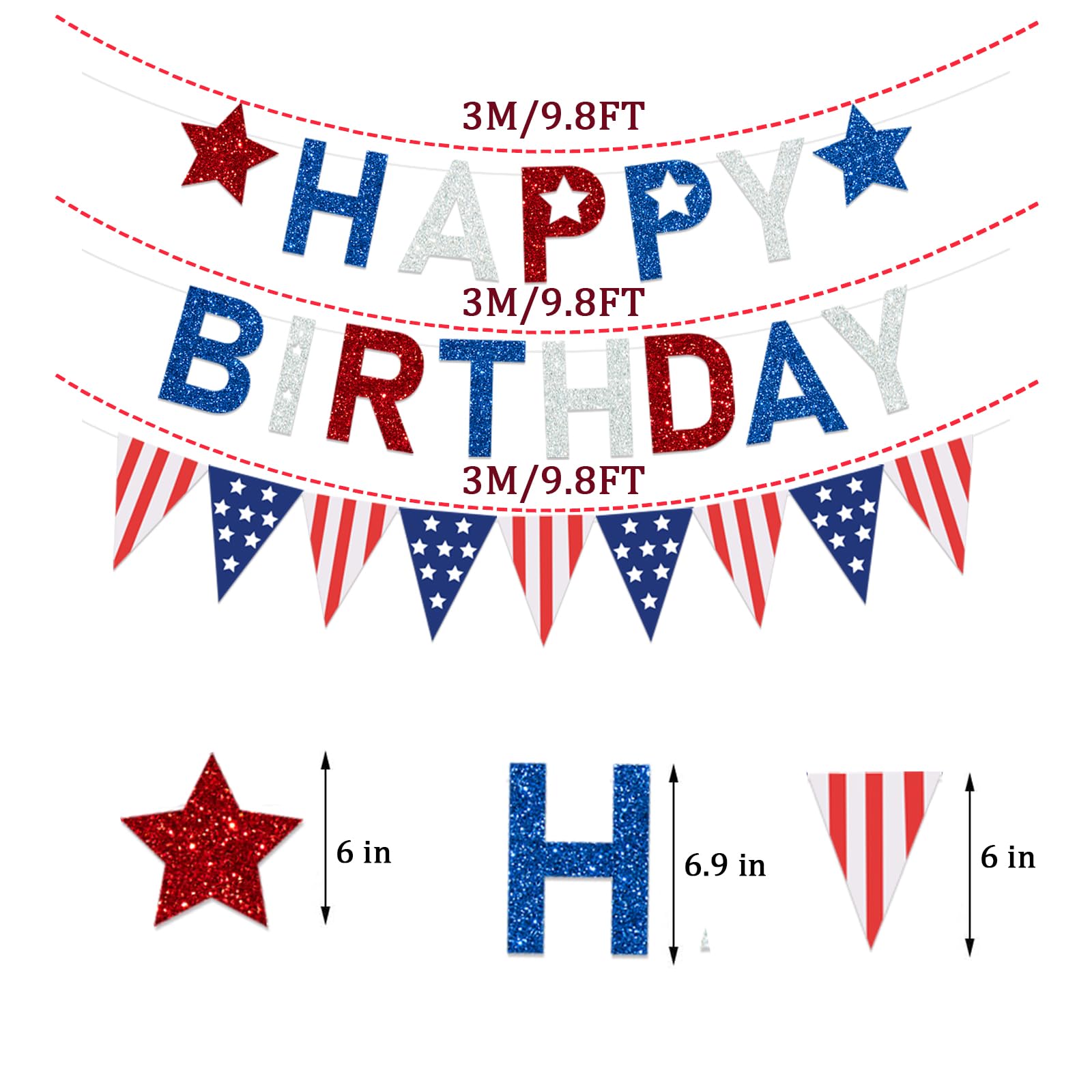 Guirnalda de banderines de bandera de cumpleaños del 4 de julio, estrellas americanas, banderas, banderines triangulares de Estados Unidos, guirnalda de estrellas rojas, blancas y azules para