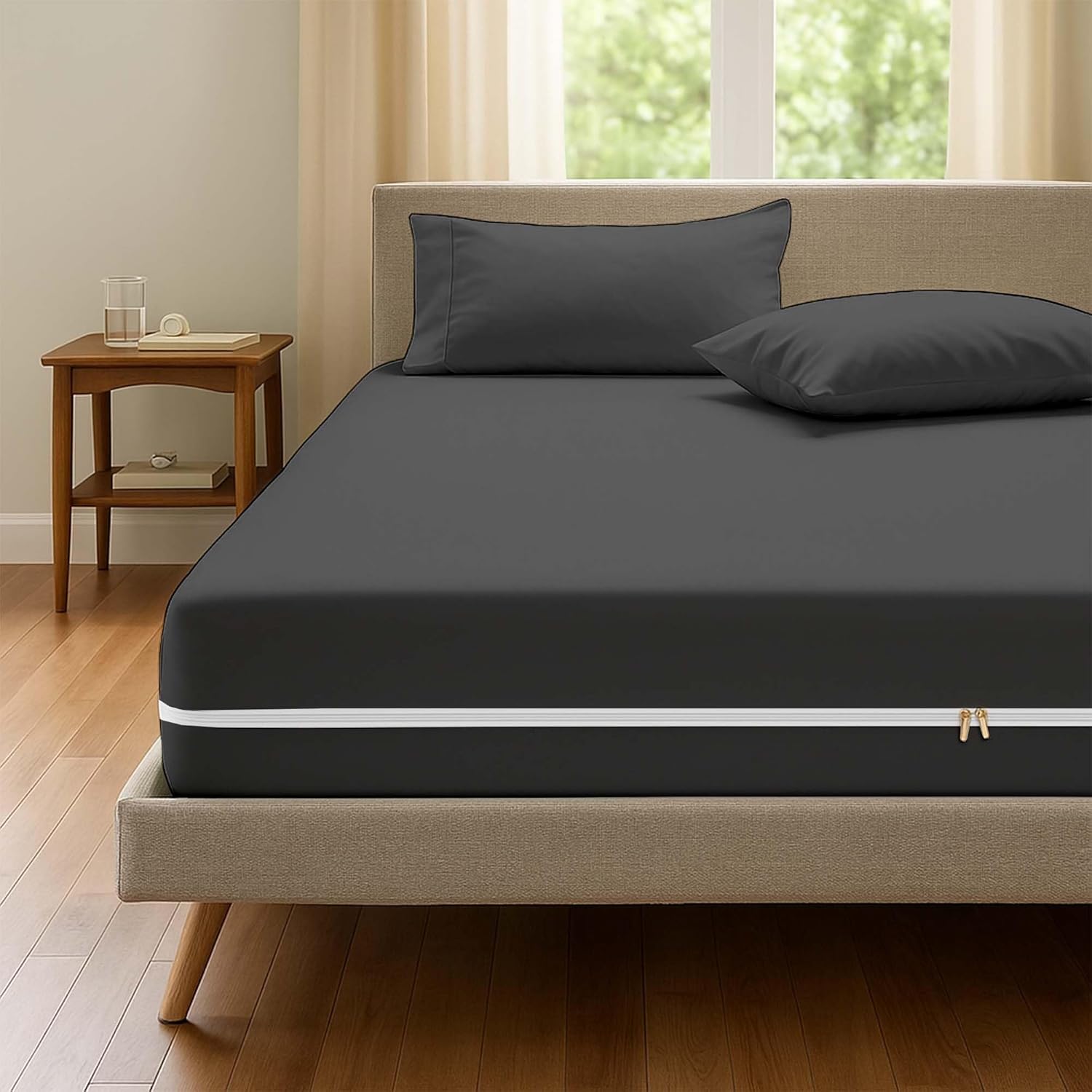 Zipper Fitted Bottom Sheet Twin-10 Inch Deep Pocket, 1800 TC Microfiber, Wrinkle-Free, Breathable & Secure Fit Fitted Style Mattress Cover Light Grey Solid