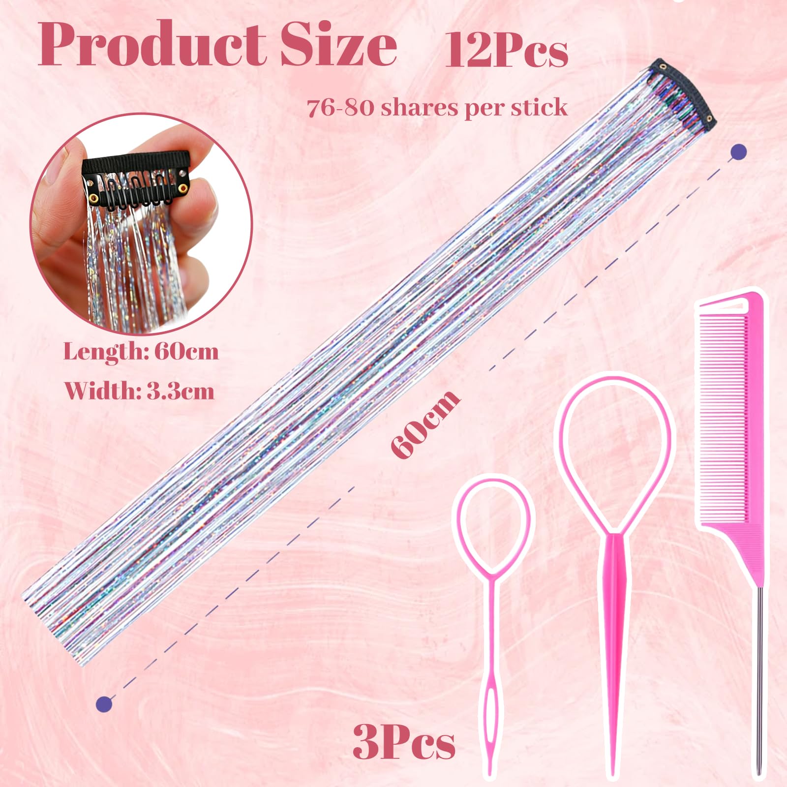 Tinsel Przedłużenie włosów z brokatem, 12 sztuk, 60 cm, dla dziewcząt, kobiet, dzieci, kolorowe pasemka na Boże Narodzenie i święta (marzycielskie kolory)