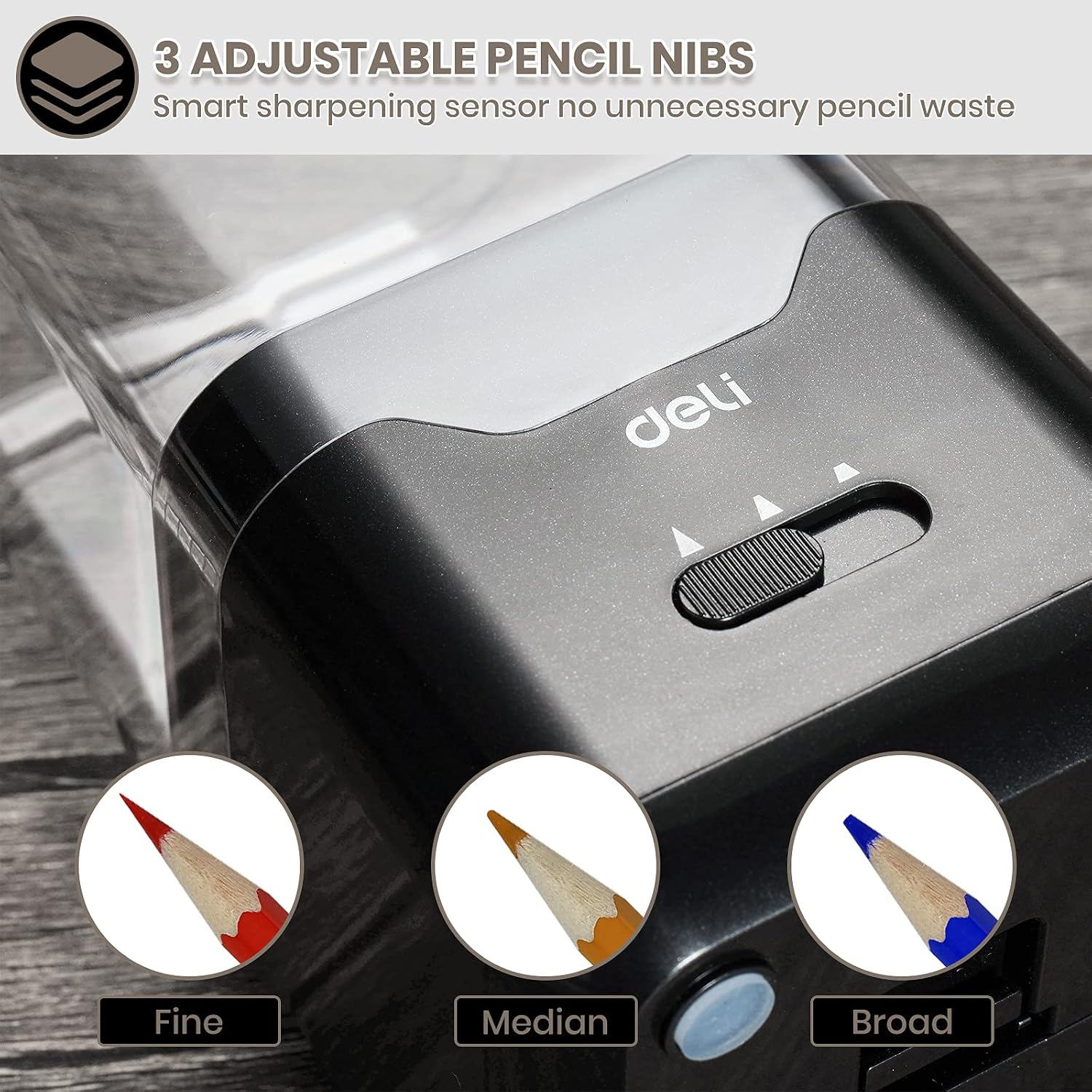 deli Pencil Sharpener, Electric Pencil Sharpener for Colored Pencils, Auto Stop, USB/Battery Sharpener for Kids, Black, (AZ71202)