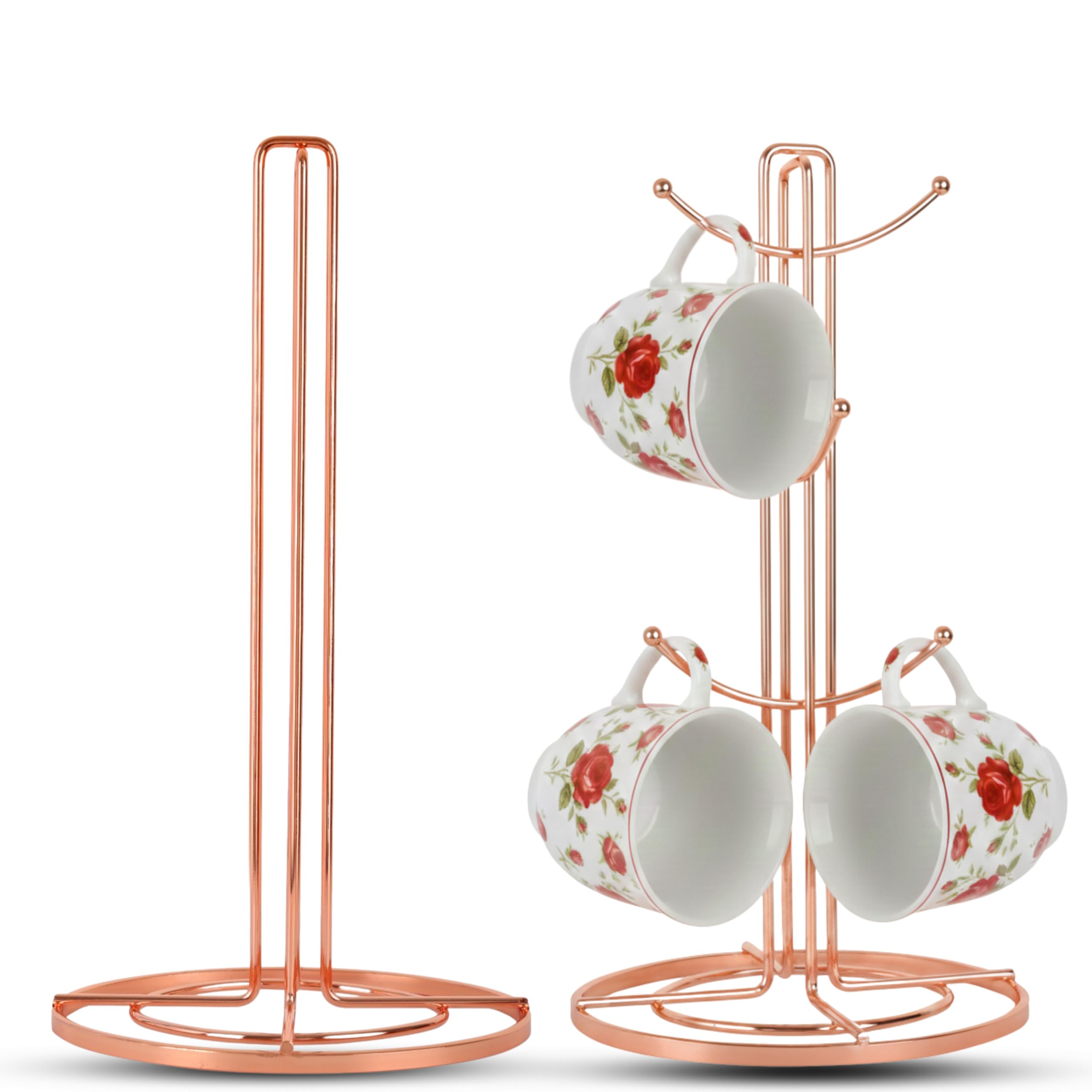 Unique Craft Kitchen Roll Holder and Mug Tree Set, Durable Metal Paper Towel Holder and Mug Tree Stand for Kitchen Countertop, Space Saving Kitchen Accessories, Set of 2 (Rose Gold)