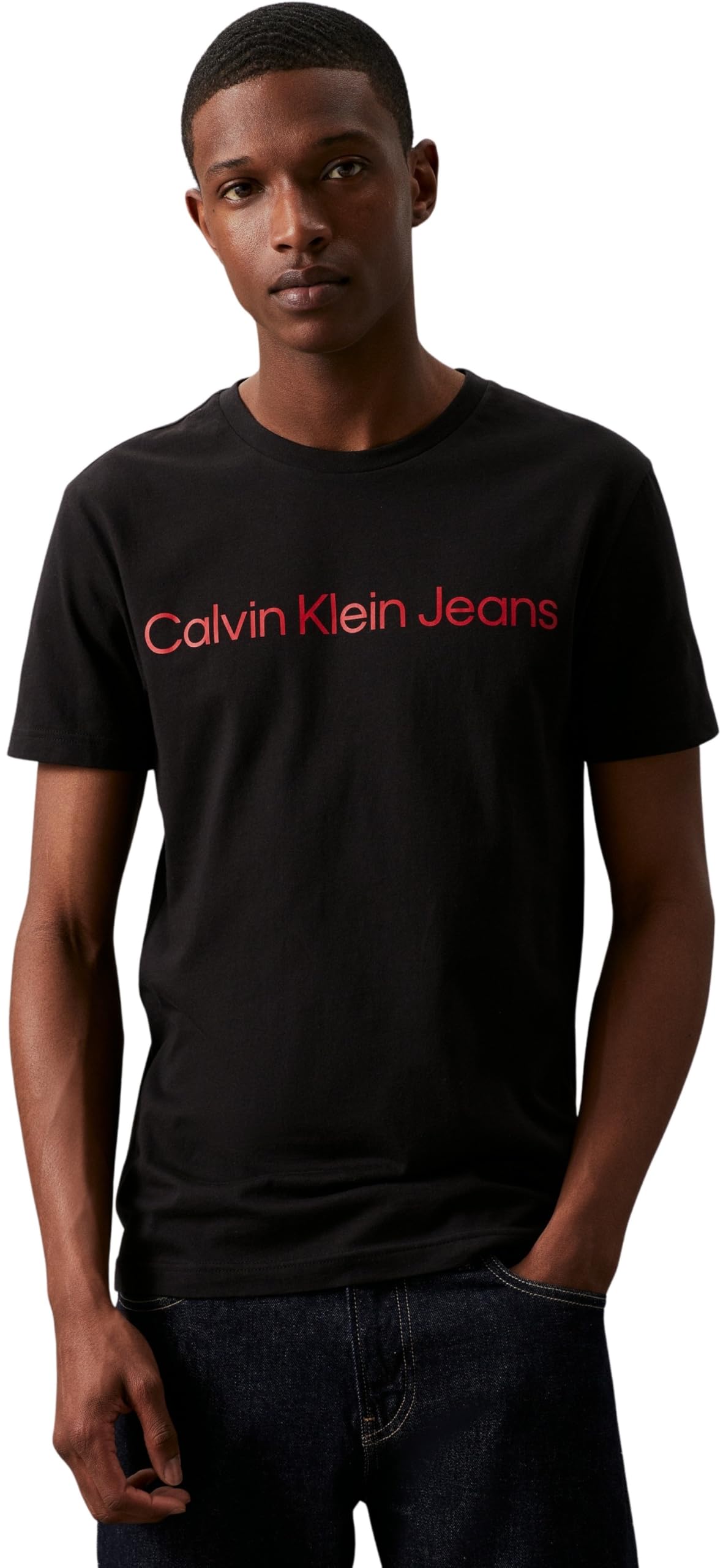 Calvin Klein Men’s Short Sleeve Round Neck Core Institutional Logo Slim Fit T-Shirt, Black (Ck Black/Salsa), 3XL