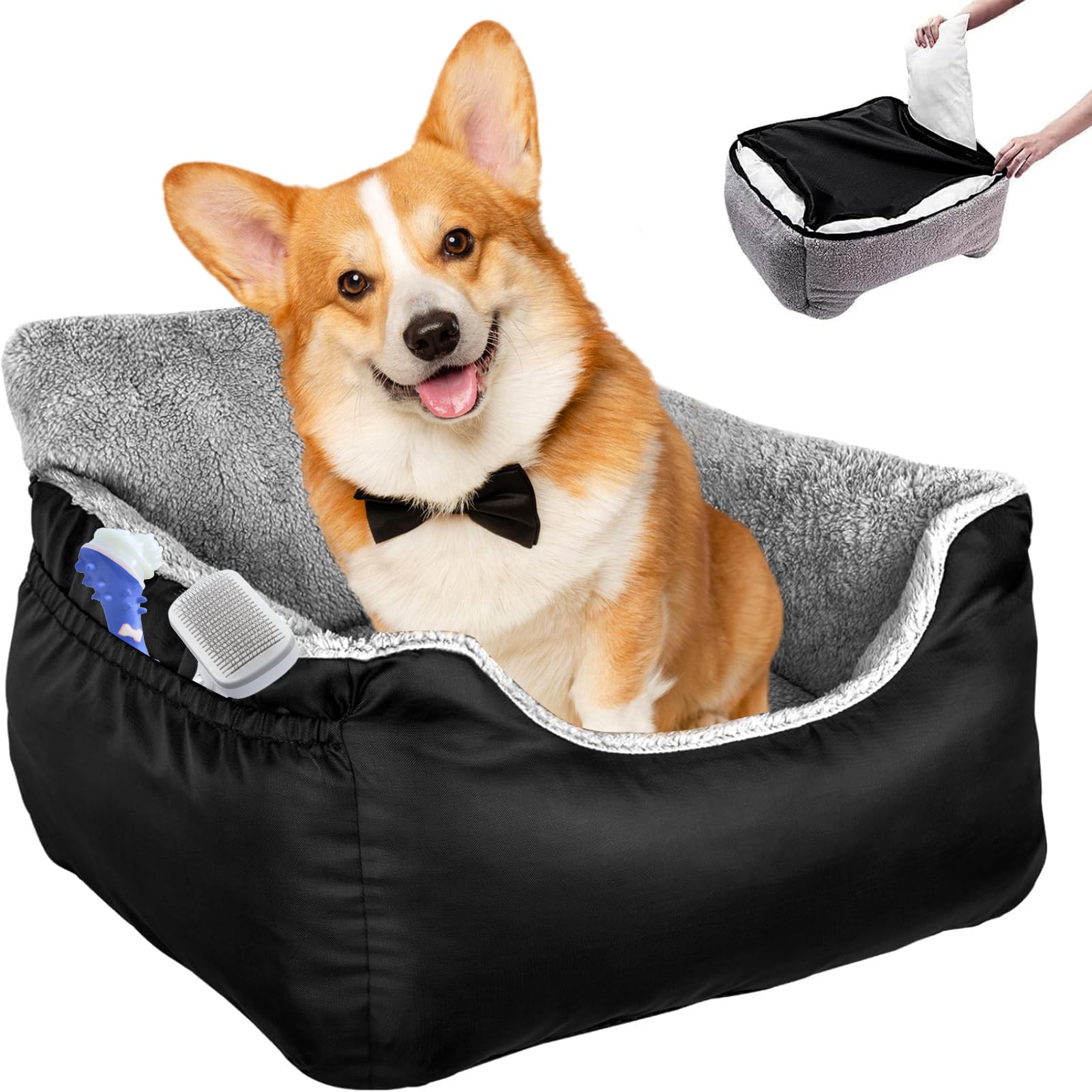 Dog Car Seat, Car Dog Bed for Small Dogs or Cats Comfortable Pet Booster Seat with Safety Leash and Non-Slip Base Dogs Travel Bed Safety Seats (Black+Grey, Large)