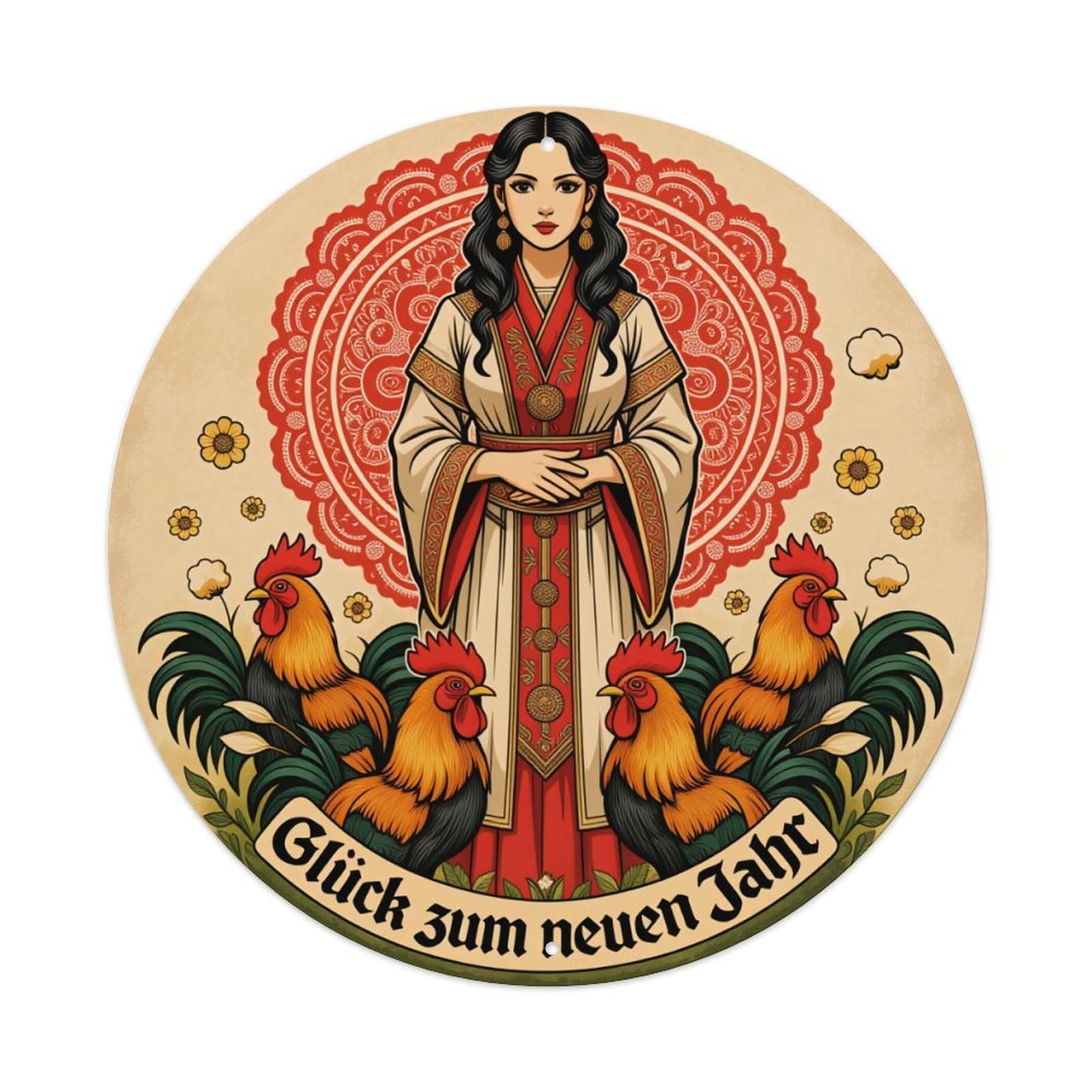 Woman Roosters Mandala Flowers Text Round Tin Sign Retro Metal Sign for Cafe Bar Pub Home Game Room Gym Club Wall Decoration Vintage Metal Poster 8x8 Inch