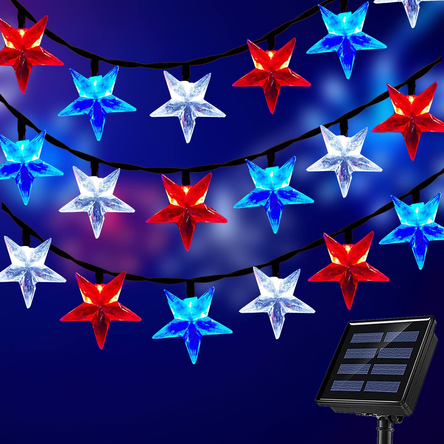 HUGSVIK 30.6Ft 50 LED Solar 4th of July Decorations Star Lights, Waterproof Red White and Blue Solar Lights Outdoor July 4th Decor, Patriotic Lights for Independence Day Memorial Day Christmas Decor