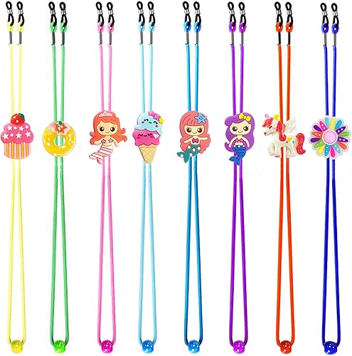 Tazimi 8 correas de lentes para niños, diseño de sirena, unicornio, postre, correas elásticas antideslizantes para gafas, multicolor, cadena de