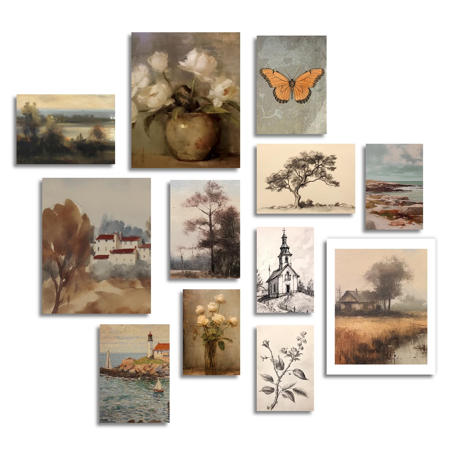 Cuadros Decorativos de Pared de Granja Francesa Vintage, Cuadros de Flores de Mariposas de Paisajes Rusticos, Posters de Arte de Campo Francés para Salon Dormitorio Baño Sin Marco Set de 12