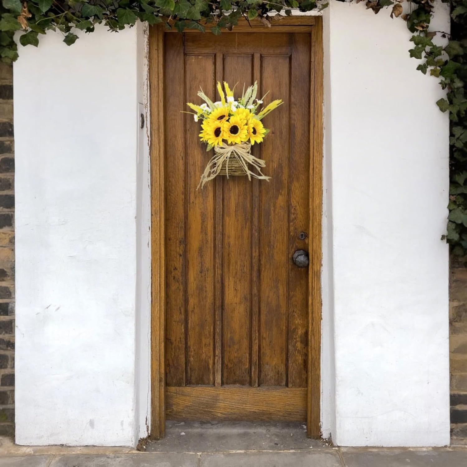 Front Door Outside All Season Sunflower Door Wreaths With Burlap Ribbon, Hanging Floral Basket For Doors, 9.9 In X 15 In / 25 Cm X 38 Cm, Yellow Artificial Decoration, Door Baskets For Flowers