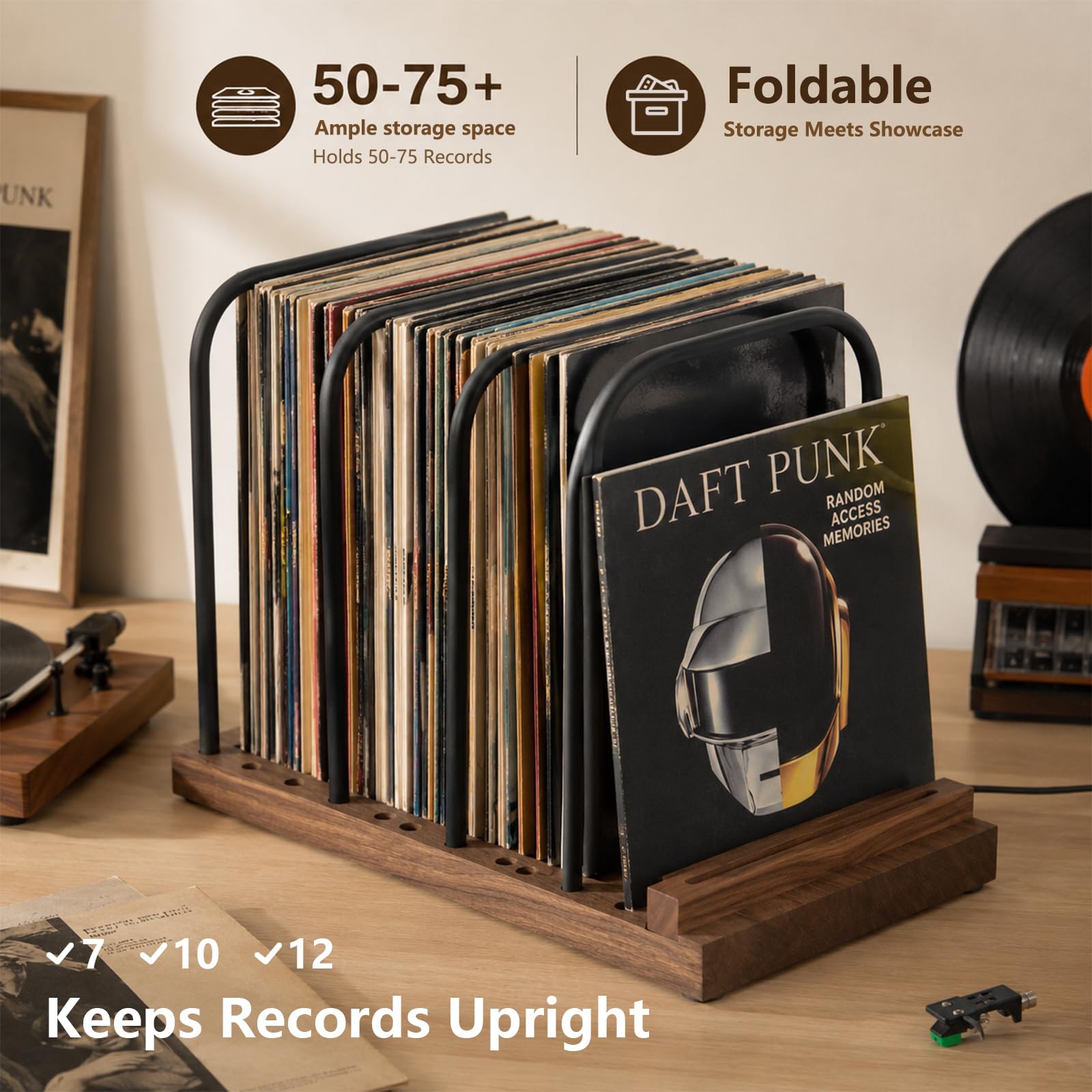 ZEDKEHO Supporto per dischi in vinile per album LP con display a LED ora in riproduzione, supporto per dischi in legno, cartello luminoso in acrilico rimovibile, contiene 50-75 dischi, decorazione per