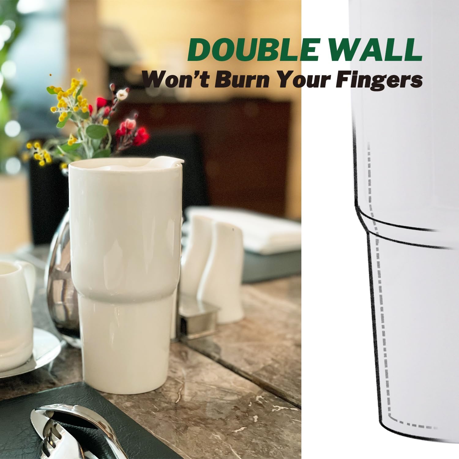 Ceramic Double Wall Insulated Travel Coffee Cup with Slider Lid & Silicone Boot, 16 fl.oz Grande Mug (Glossy White) - Image 5